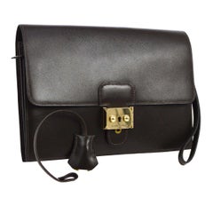 Hermes Dark Chocolate Leather Gold Evening Envelope Wristlet Clutch Flap Bag