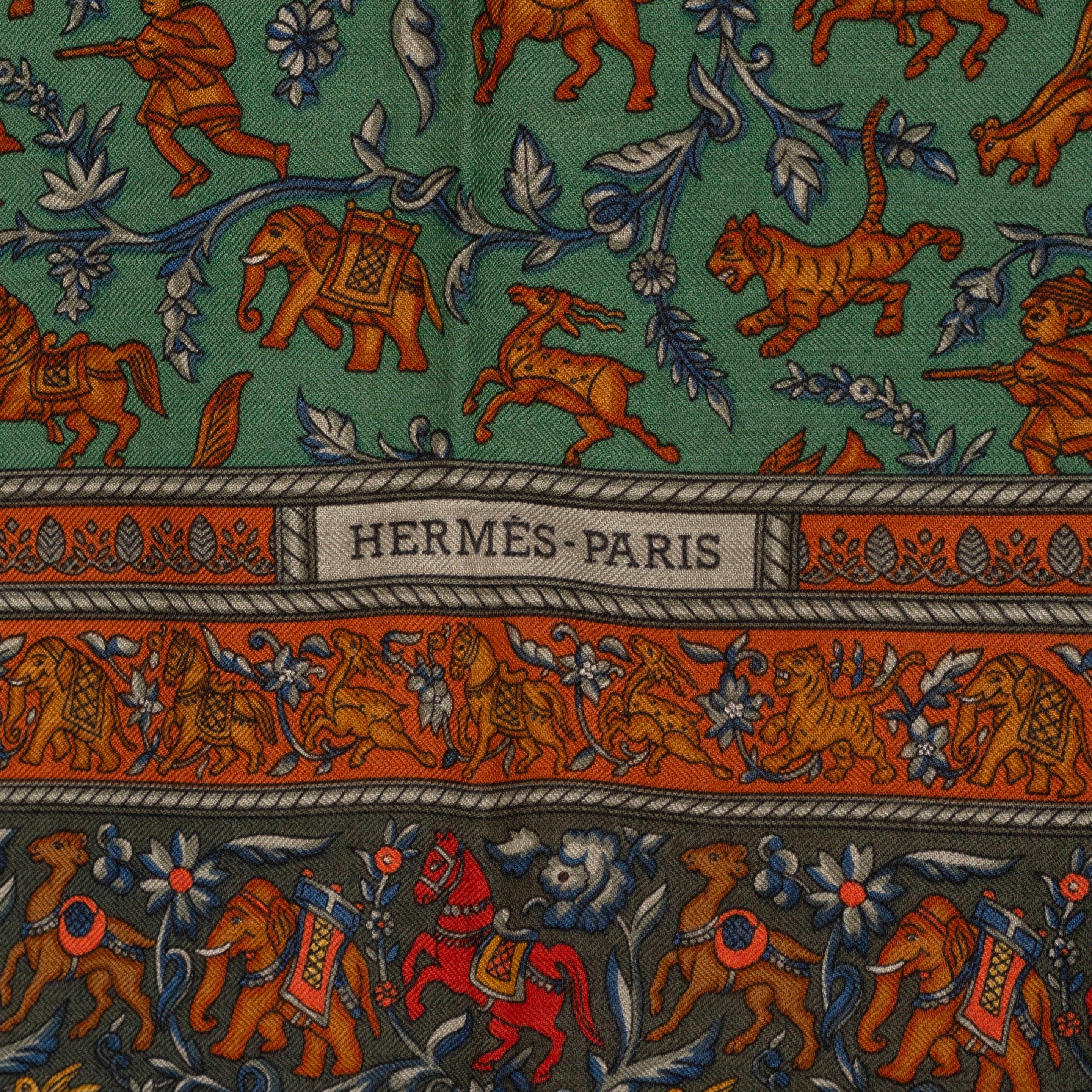 Black HERMES dark green CHASSE EN INDE 140 Cashmere Shawl Scarf