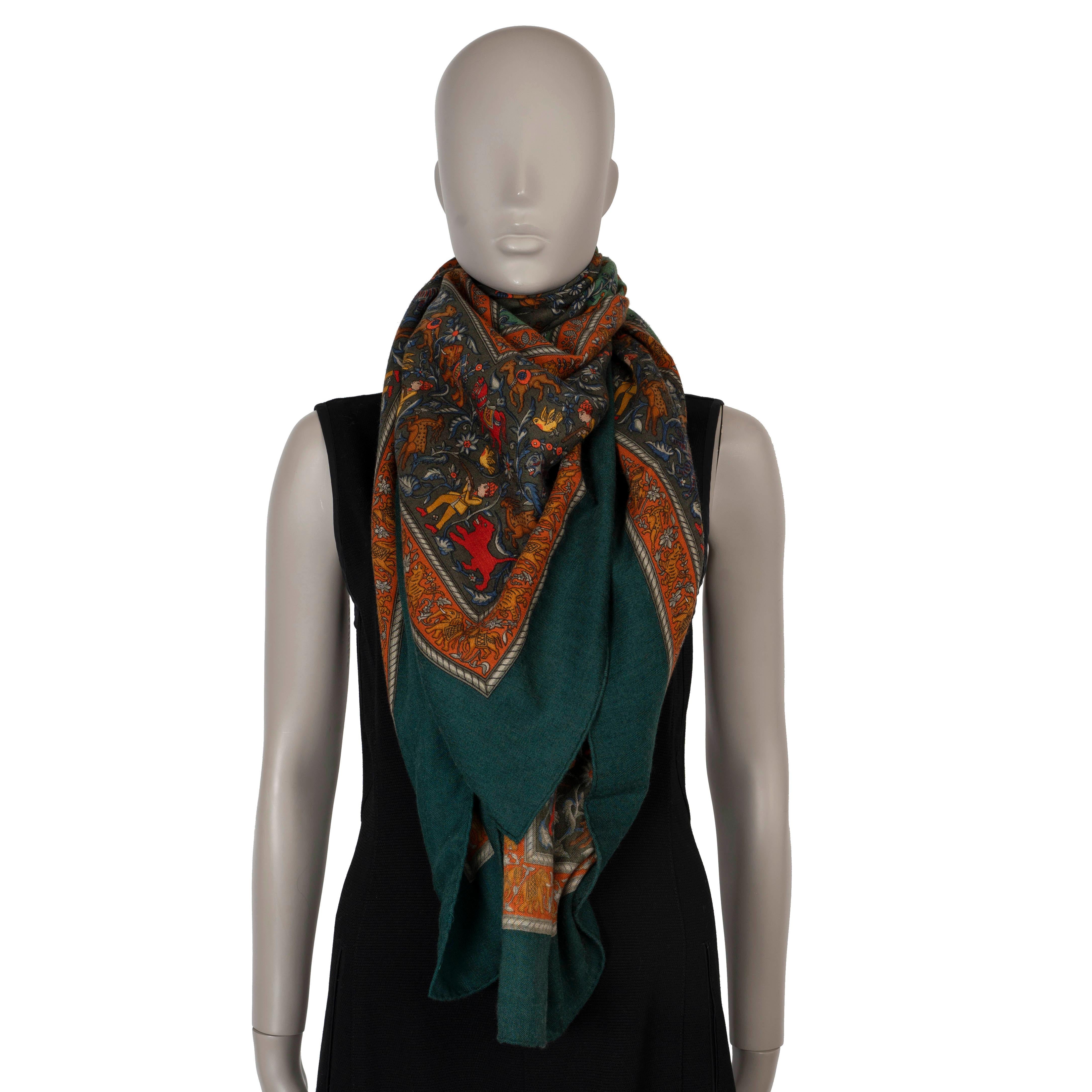 HERMES dark green CHASSE EN INDE 140 Cashmere Shawl Scarf 1