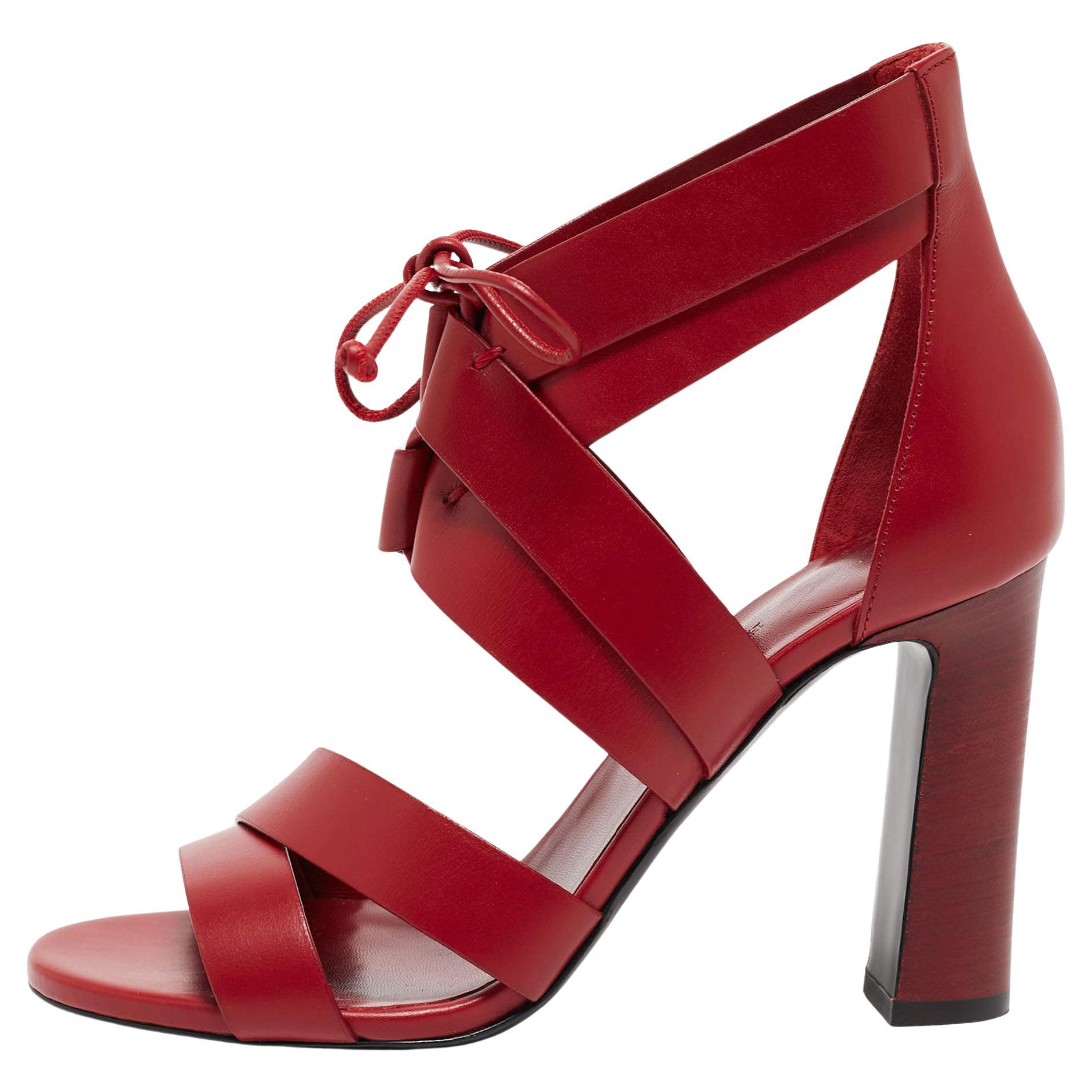 Hermes Dark Red Leather Ankle Strap Sandals Size 38 For Sale