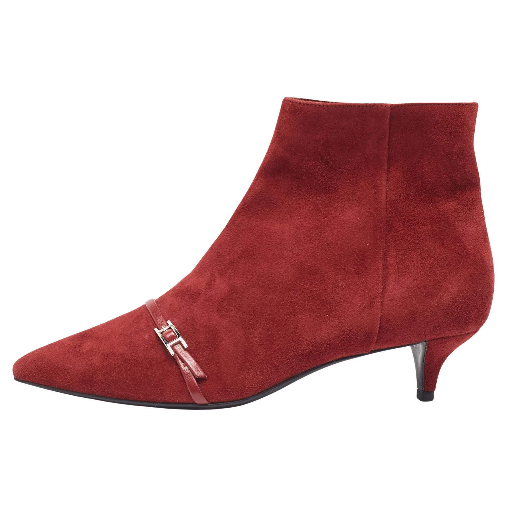 Hermès Dark Red Suede Ankle Booties Size 38 For Sale