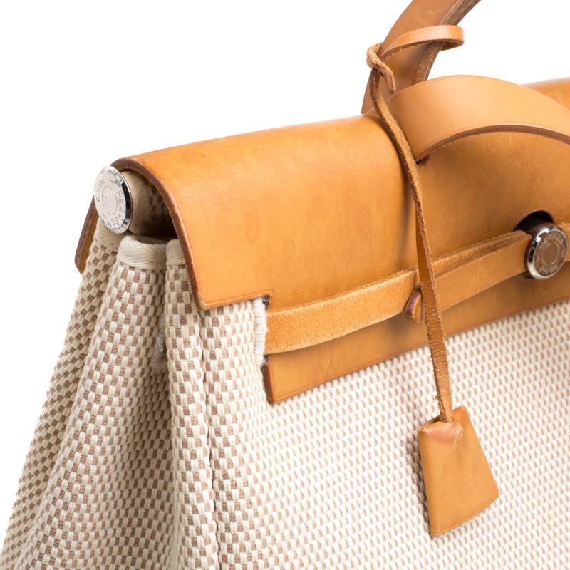 Hermes Dark Tan/Beige Leather and Canvas Herbag Zip 39 Bag 7