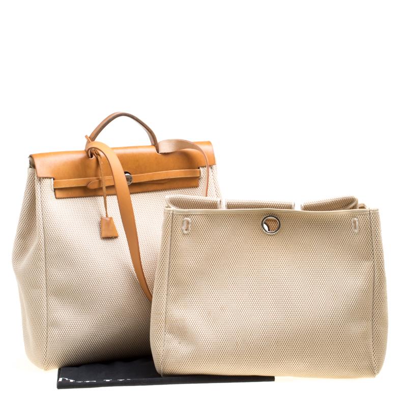 Hermes Dark Tan/Beige Leather and Canvas Herbag Zip 39 Bag 8