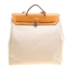 Hermes Dark Tan/Beige Leather and Canvas Herbag Zip 39 Bag