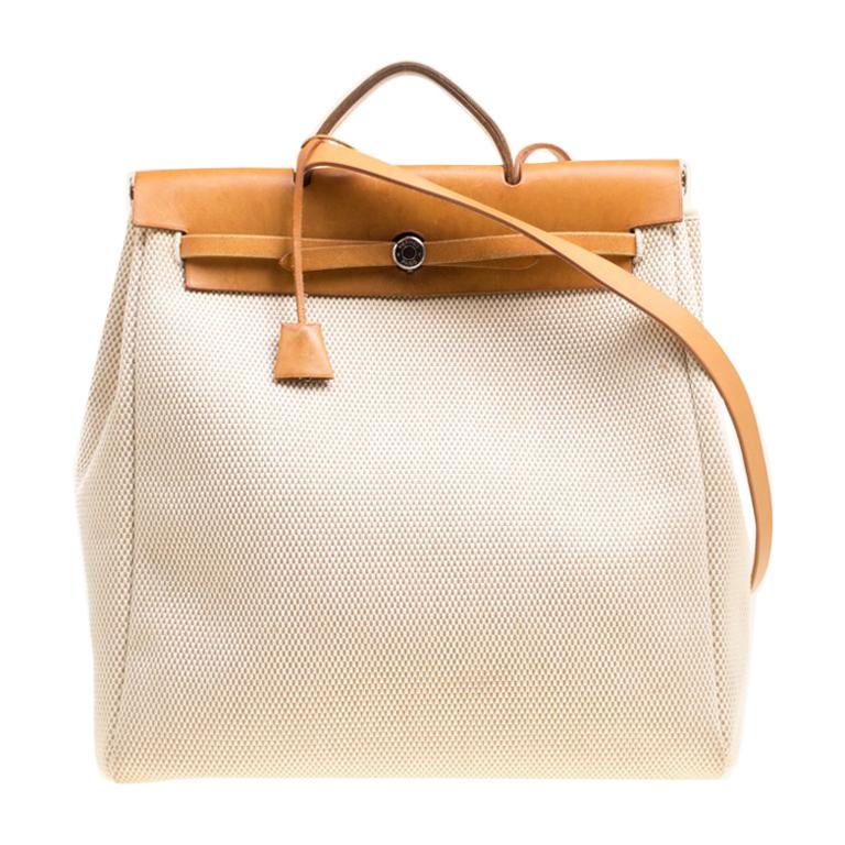 Hermes Dark Tan/Beige Leather and Canvas Herbag Zip 39 Bag