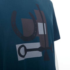 HERMES dark teal blue horse bit print cotton crew neck tshirt