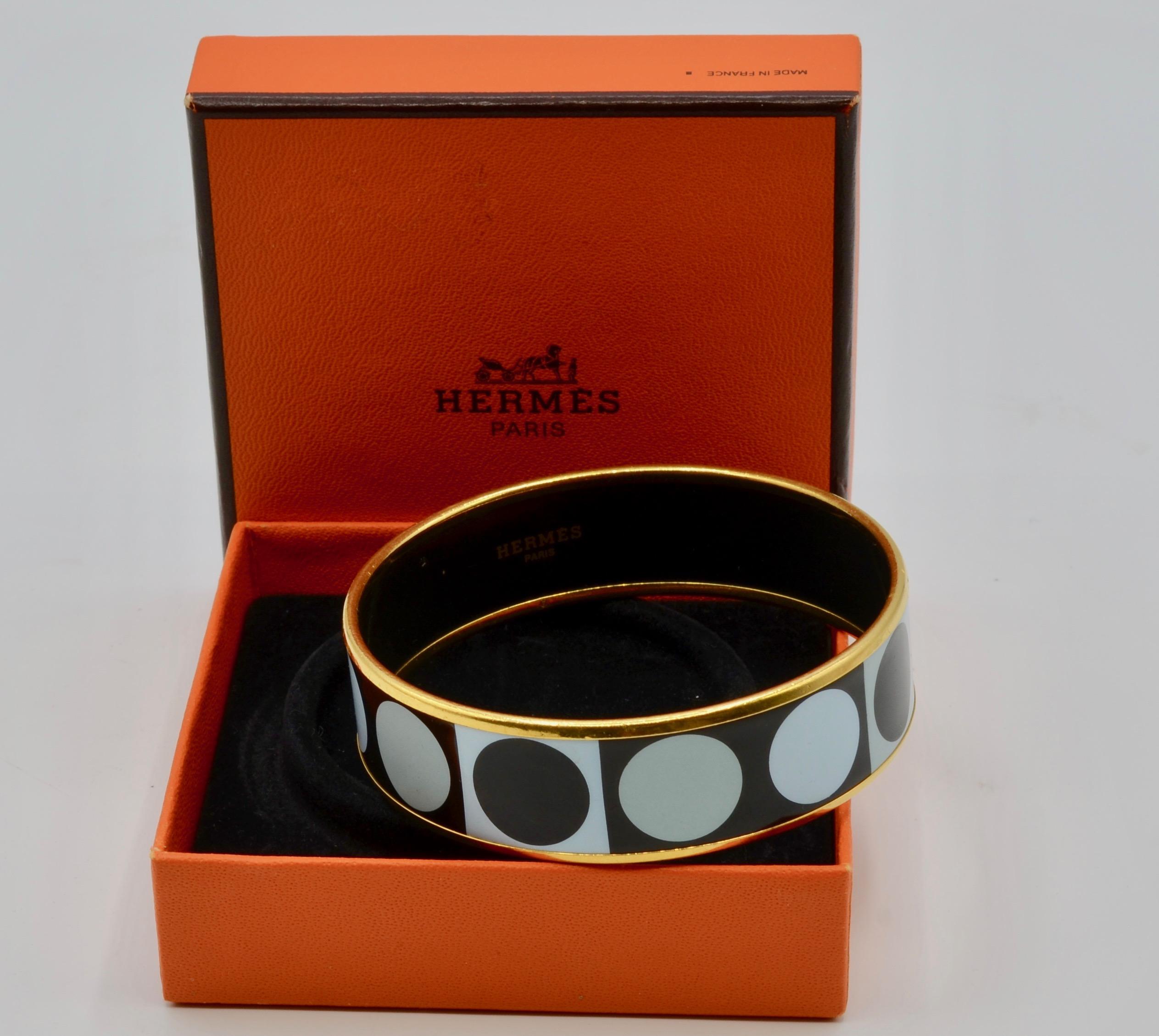 Modernist Hermes Deco Dot Enamel and Gold Plated Bangle Bracelet