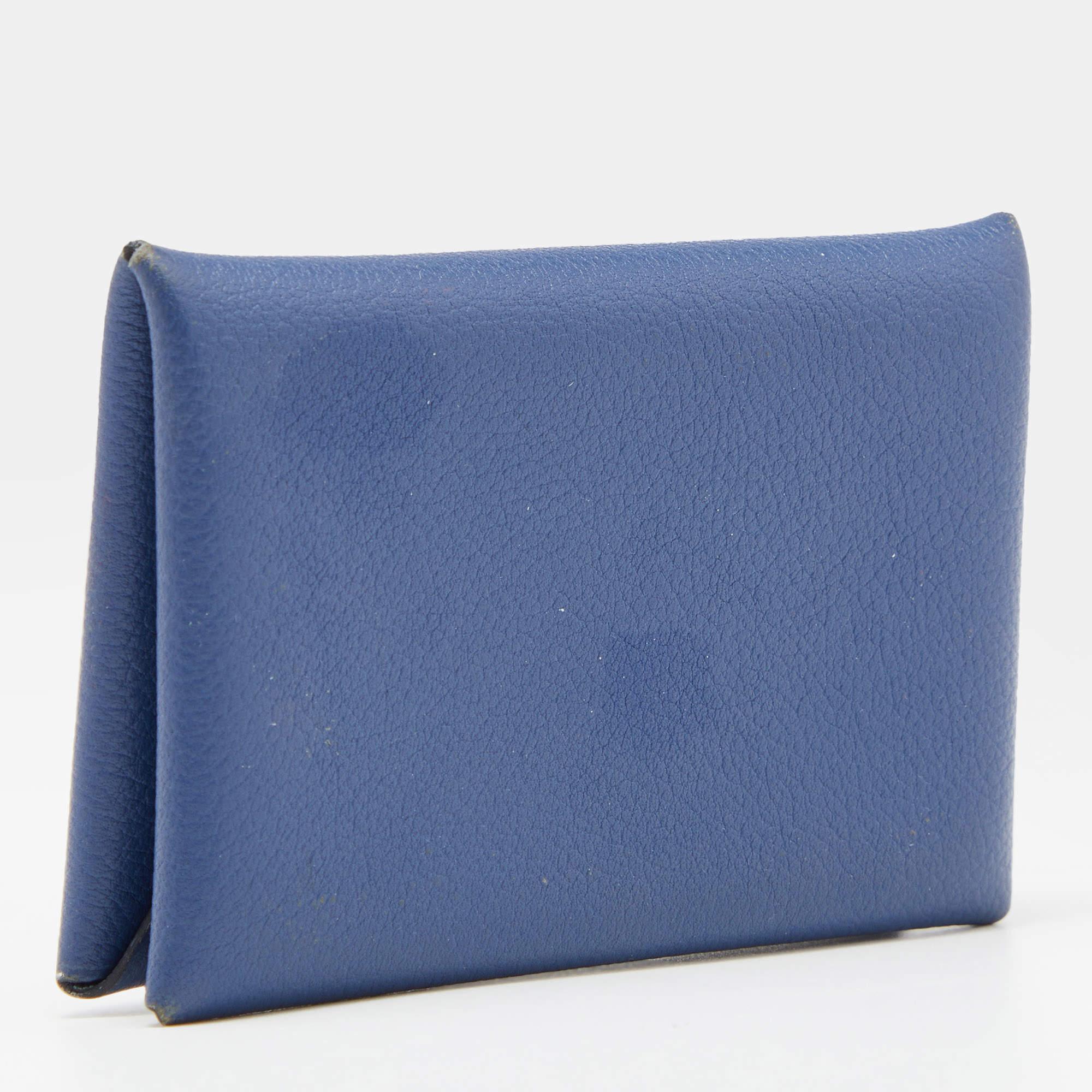 Women's Hermes Deep Bleu Chevre Mysore Leather Calvi Card Holder