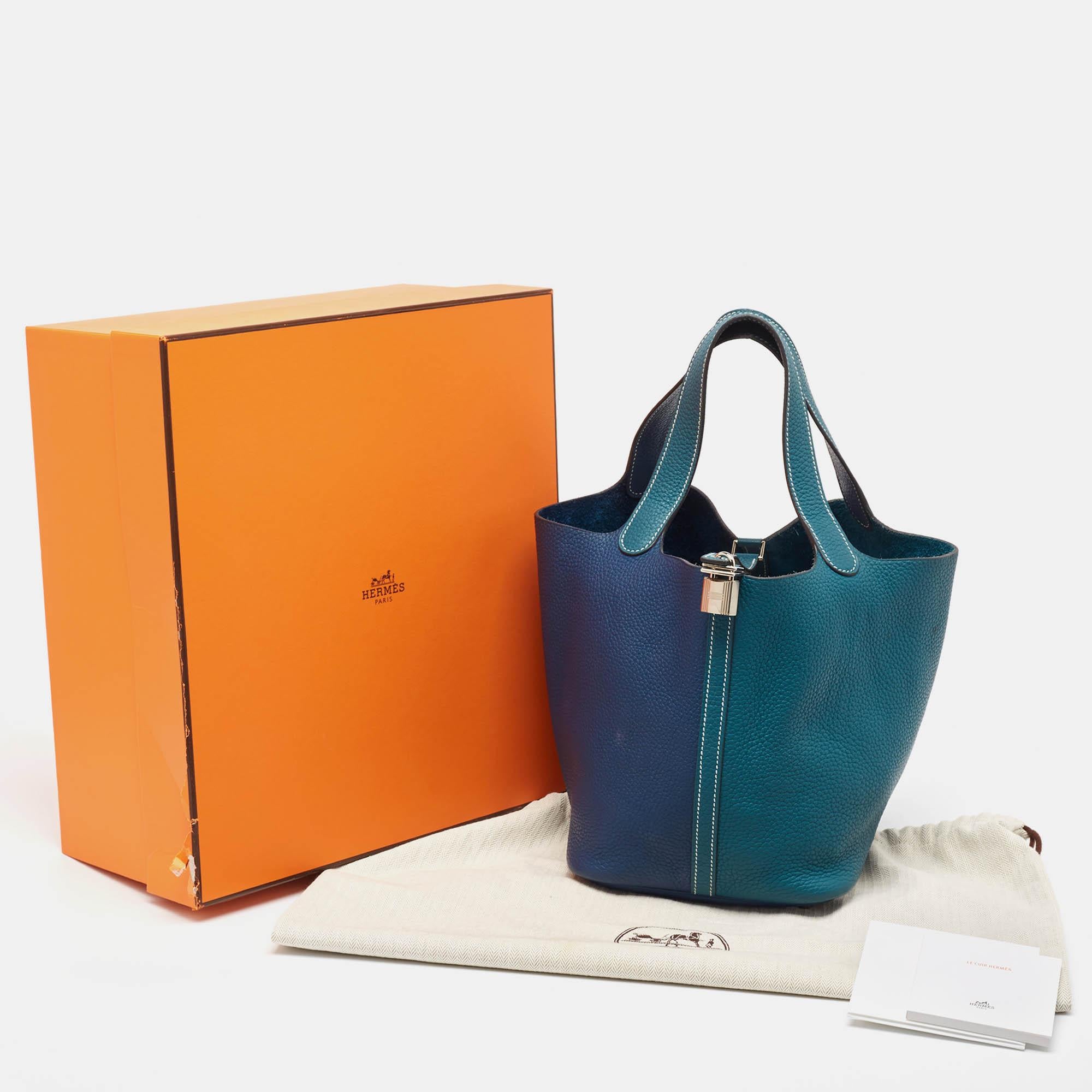 Hermès Deep Bleu/Vert Bosphore Taurillon Clemence Leather Picotin Lock 22 Bag For Sale 15