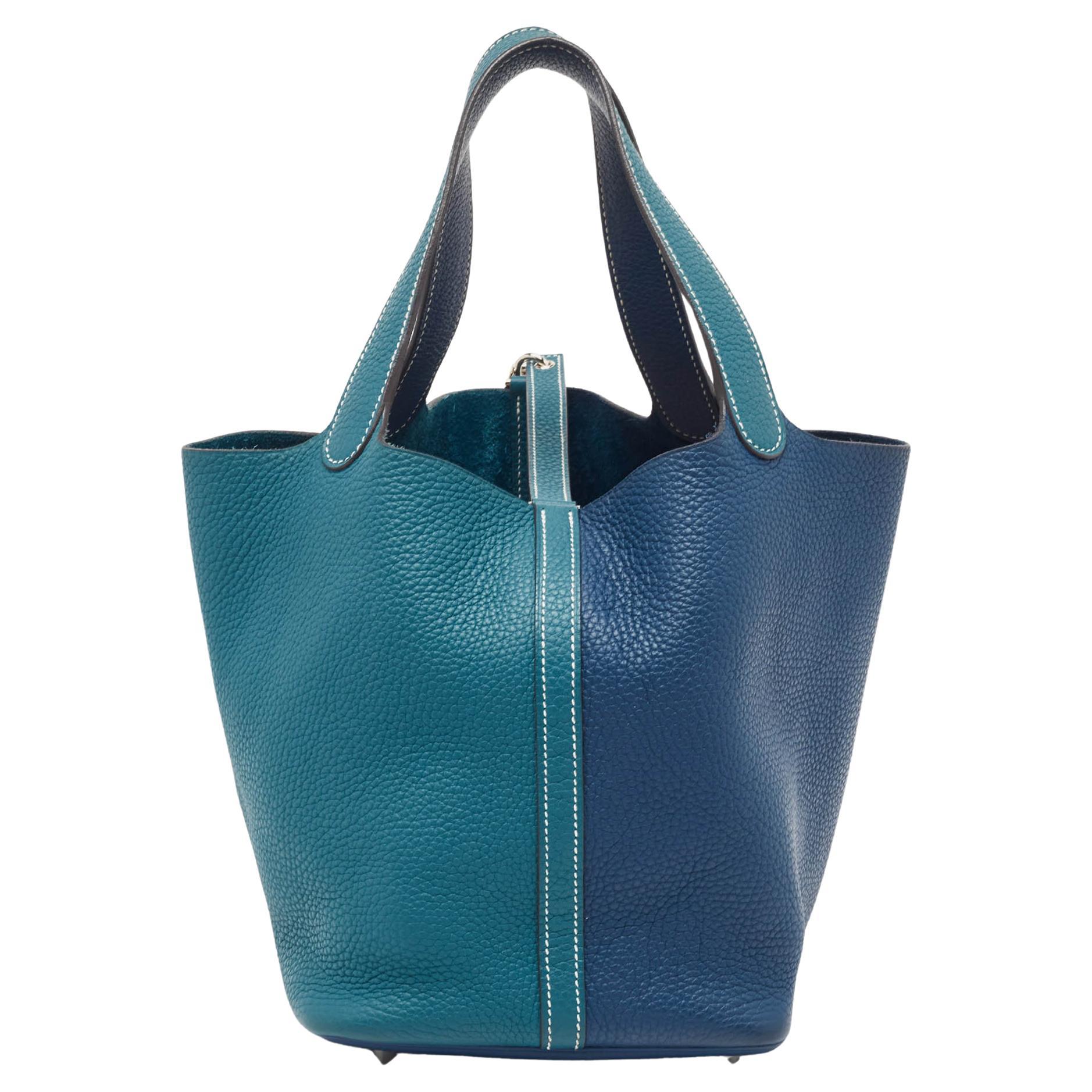 Hermès Deep Bleu/Vert Bosphore Taurillon Clemence Leather Picotin Lock 22 Bag For Sale