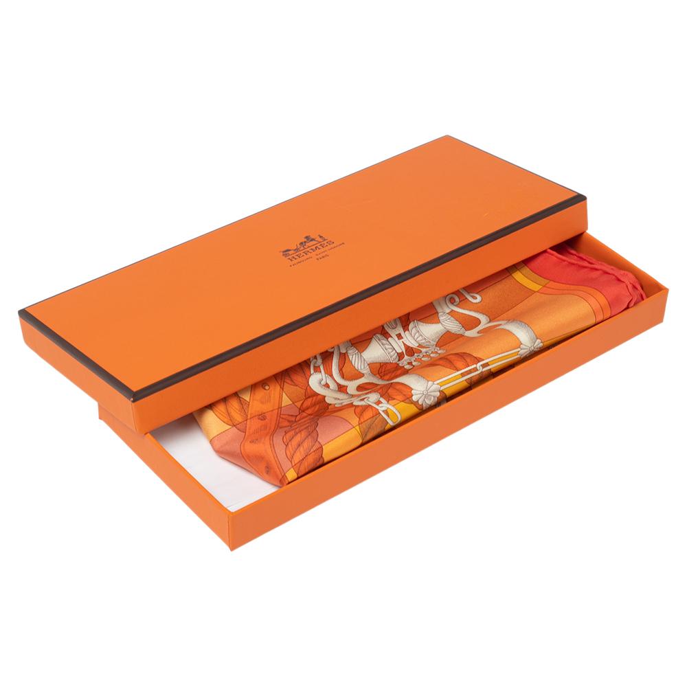 Hermes Della Cavalleria Orange Printed Silk Pocket Square 1