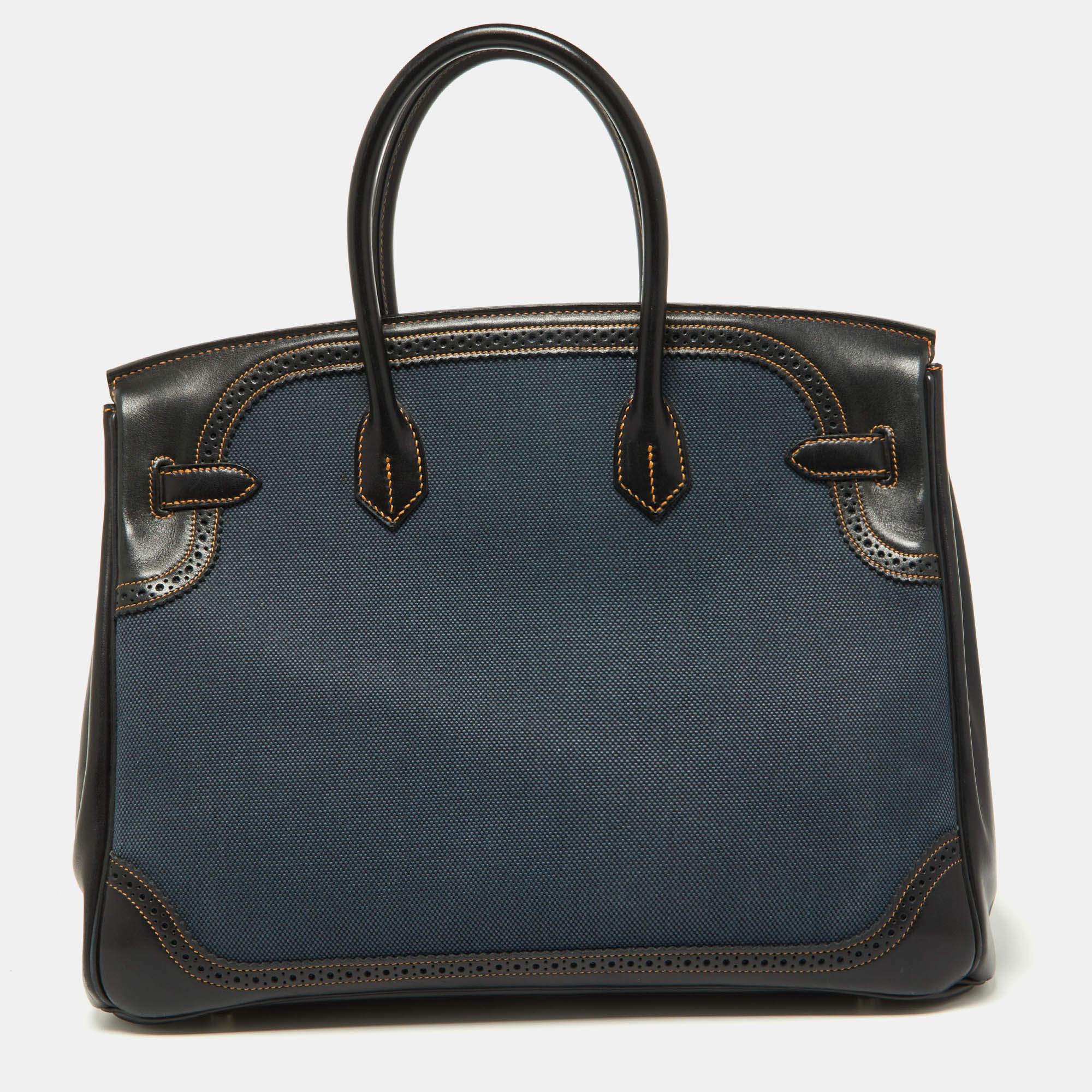 Hermes Denim Toile/Evercalf Leather Palladium Finish Birkin 35 Ghillies Bag In Good Condition In Dubai, Al Qouz 2