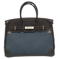 Hermes Denim Toile/Evercalf Leather Palladium Finish Birkin 35 Ghillies Bag