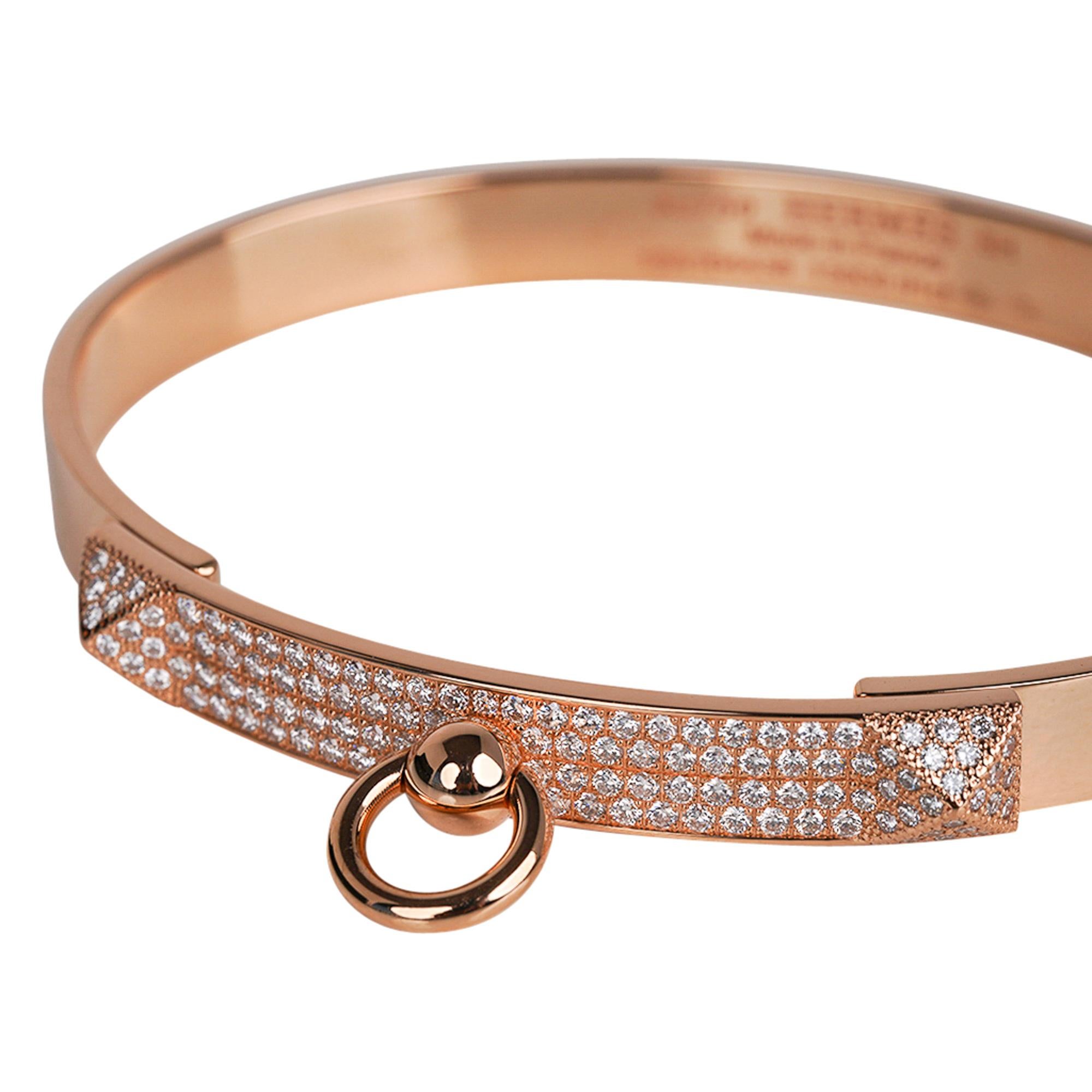 Mightychic offers a Hermes Diamond Collier de Chien bracelet featured in 18k Rose Gold.
Set with 130 Diamonds.
Total carat weight is .91
Chic and instantly recognizable.
Bracelet has signature stamps inside.
Comes with signature brown pouch and