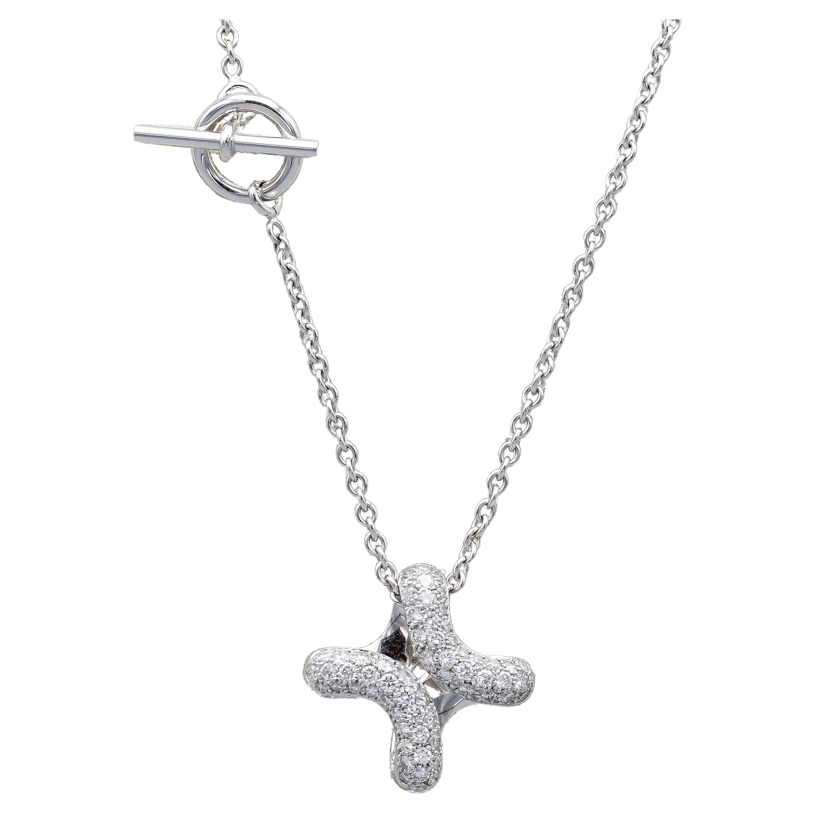 Hermes Diamond 18k White Gold Cross Pendant Toggle Necklace