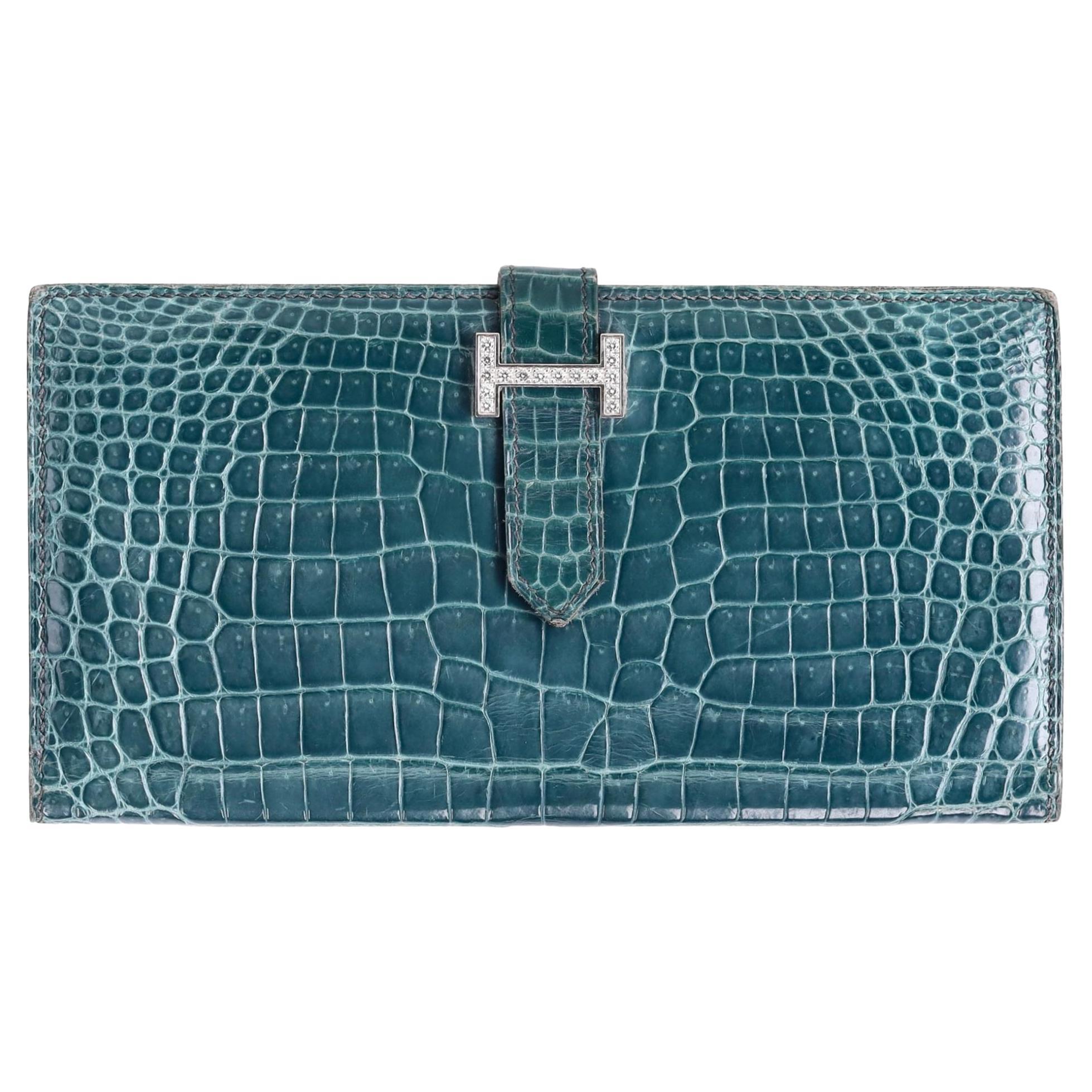 Hermes Diamond & 18k White Gold Shiny Crocodile Skin Bearn Wallet For Sale