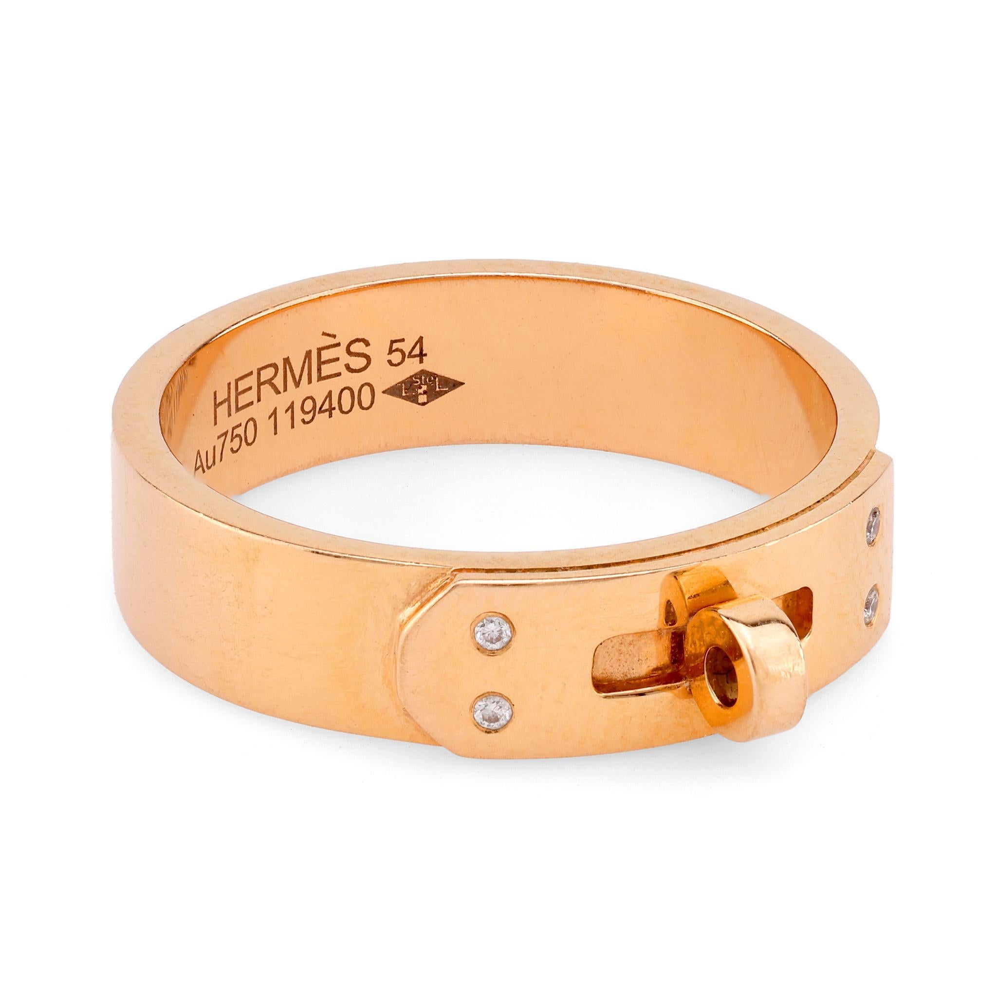 Modern Hermes diamond 18k yellow gold Kelly ring