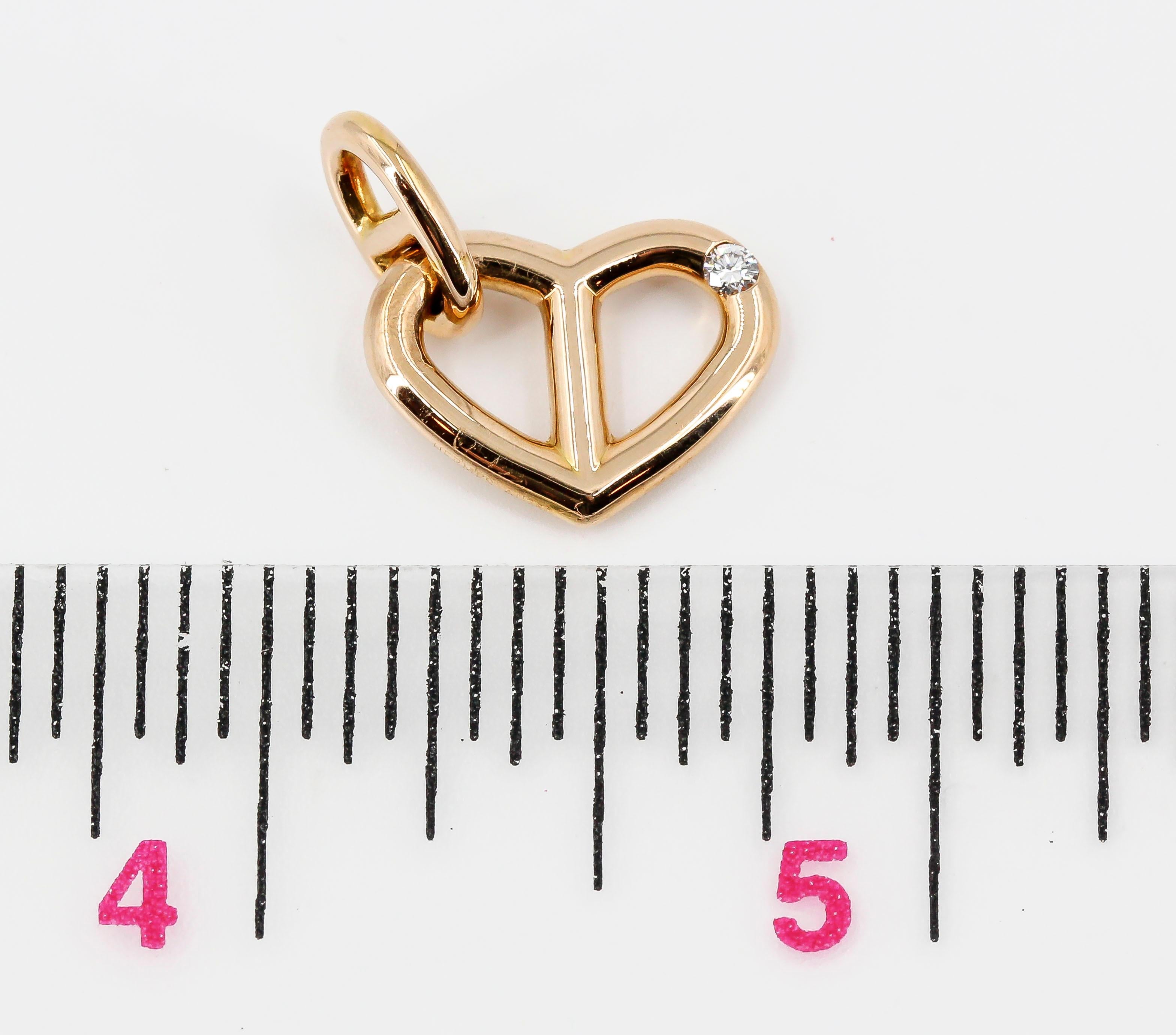 Hermes Diamond and 18 Karat Rose Gold Heart Shaped Charm Pendant In Excellent Condition In New York, NY