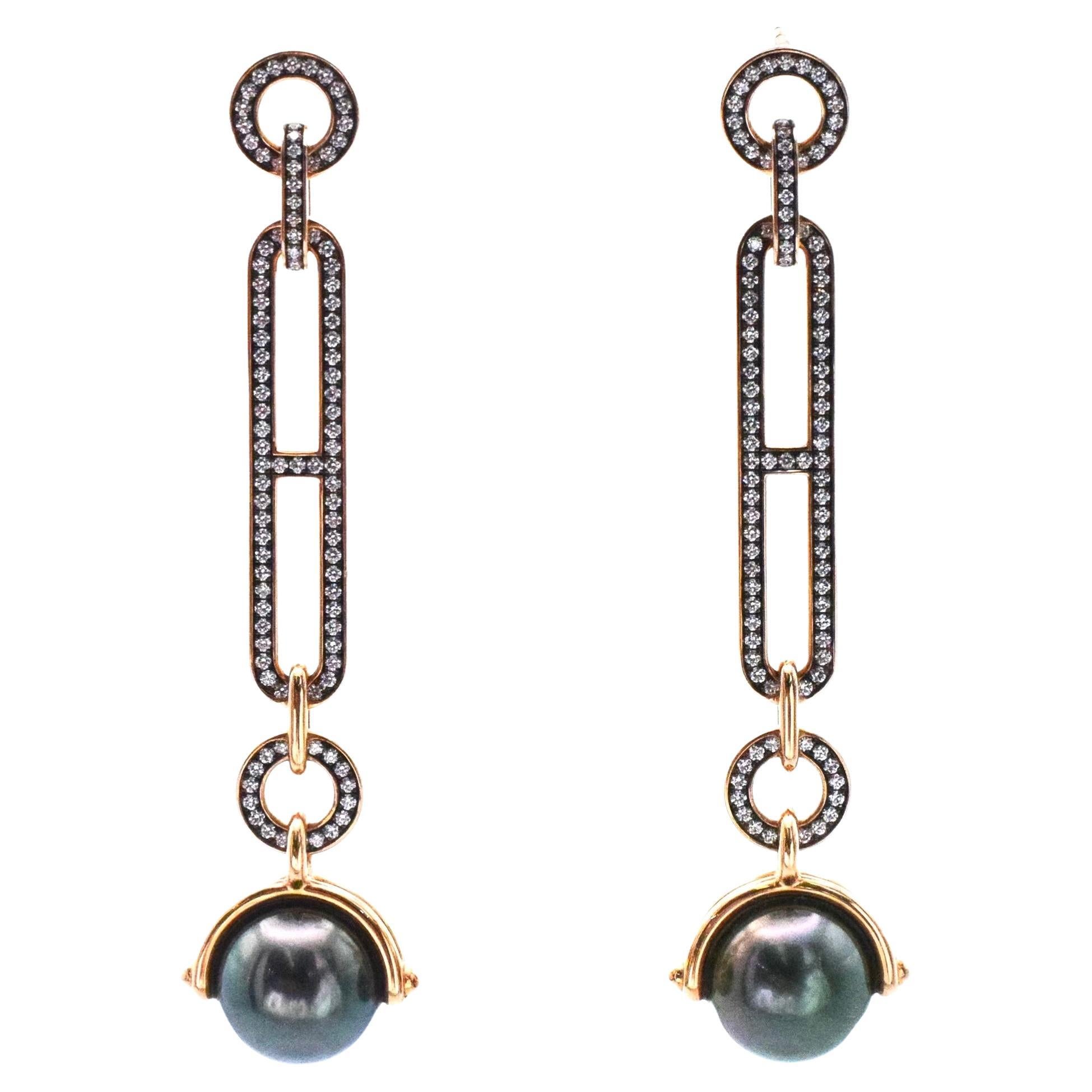Hermès Diamond and Black Pearl "Chandra " Drop Earrings For Sale