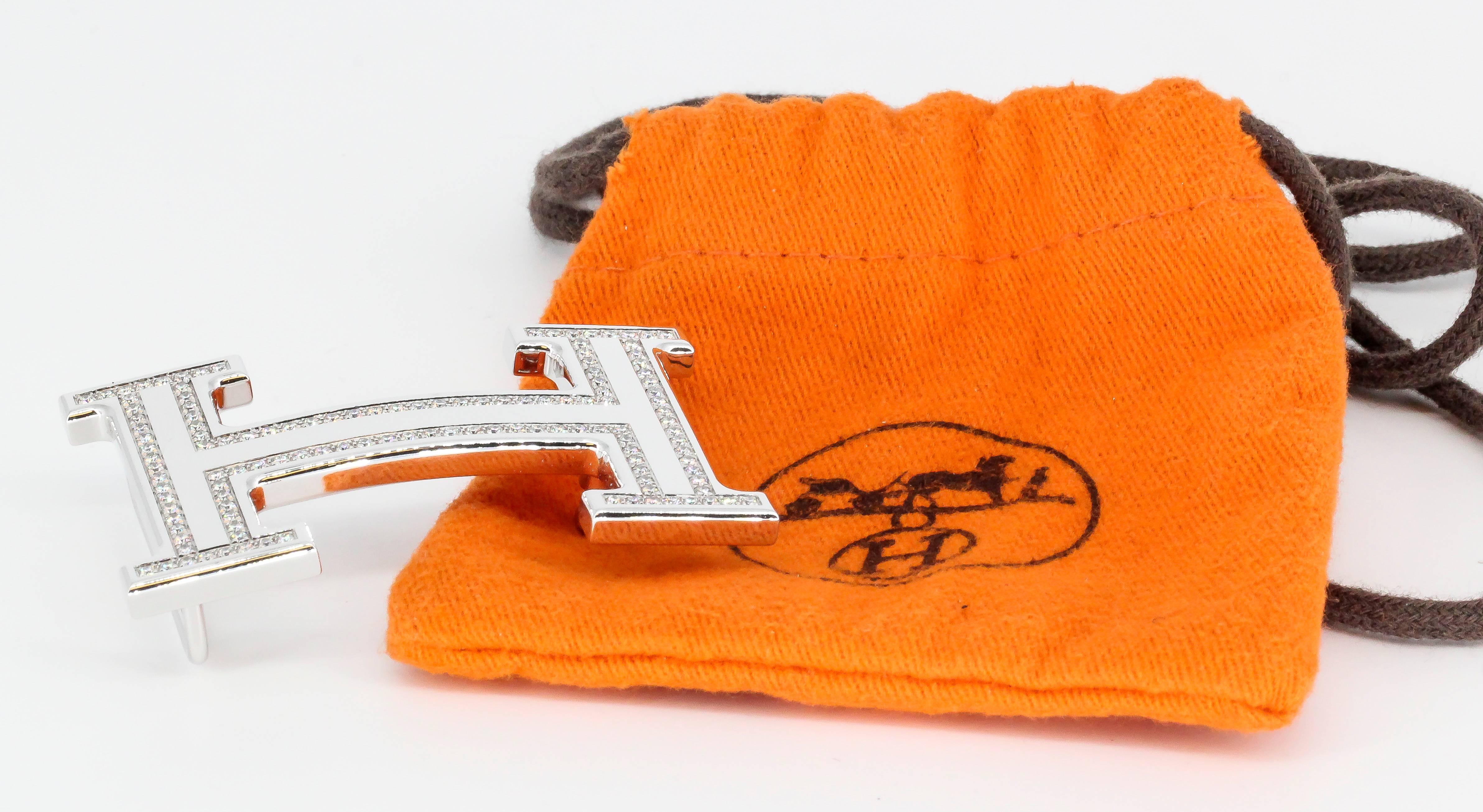 Women's or Men's Hermes Diamond and White Gold Belt Buckle