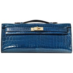 Hermès Diamond Blue Izmir Crocodile Kelly Cut Clutch
