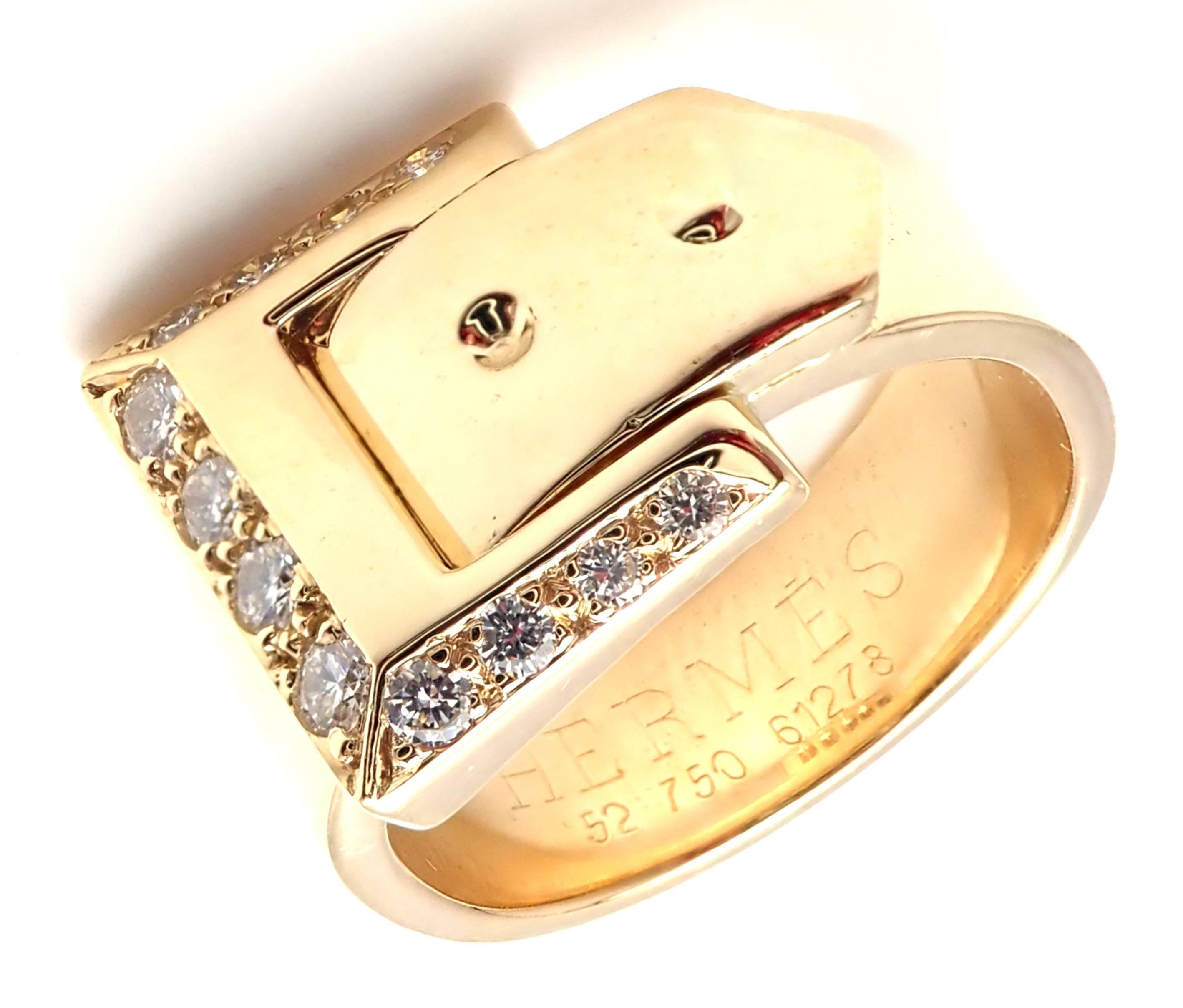 18k Yellow Gold Diamond Wide Buckle Band Ring by Hermes. 
With 12 round brilliant cut diamonds VVS1 clarity G color total weight approx. .20ct
Details: 
Ring Size: European 52, US 6
Weight: 10.4 grams
Width: 11mm
Stamped Hallmarks: HERMES 750  52