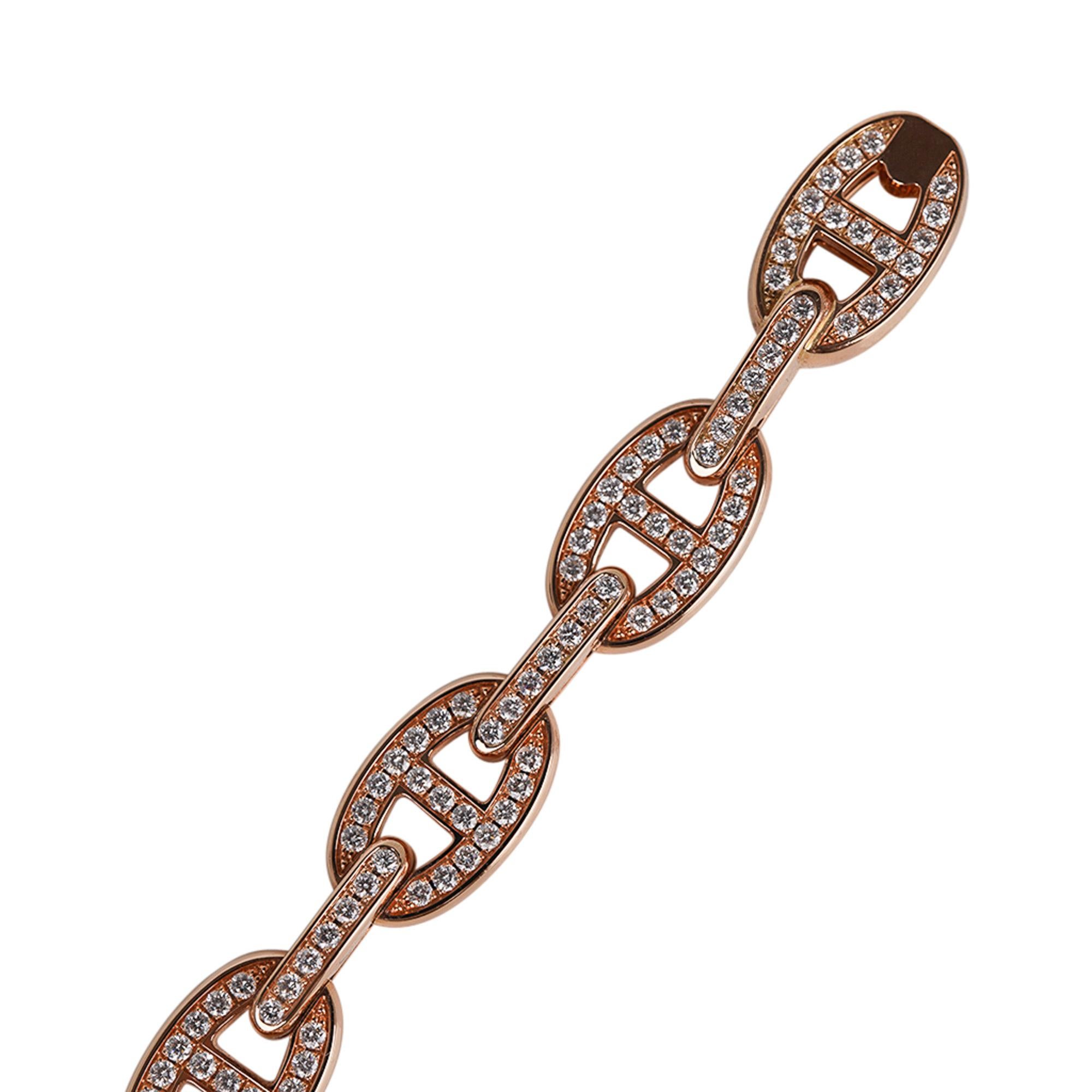 Mightychic offers a Hermes Chaine d'Ancre Enchainee Diamond bracelet.
264 Diamonds set in rose gold.
Chic and instantly recognizable.
Total carat weight is 1.64
Bracelet has signature stamps inside.
Comes with signature Hermes gift box.
NEW or NEVER