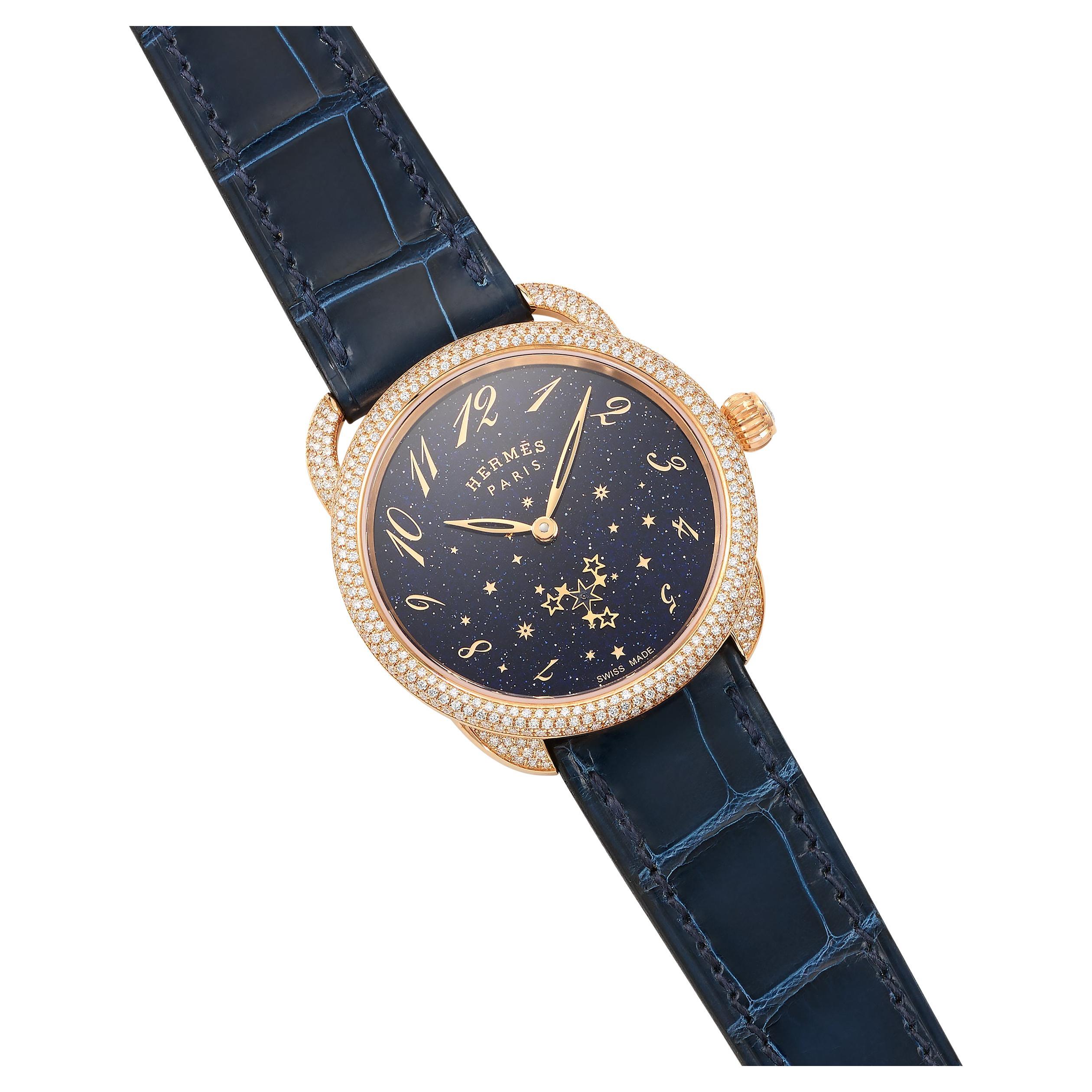 Hermes Diamond Gold Etoilee Automatic Watch 34MM w Aventurine Stars Dial - NEW