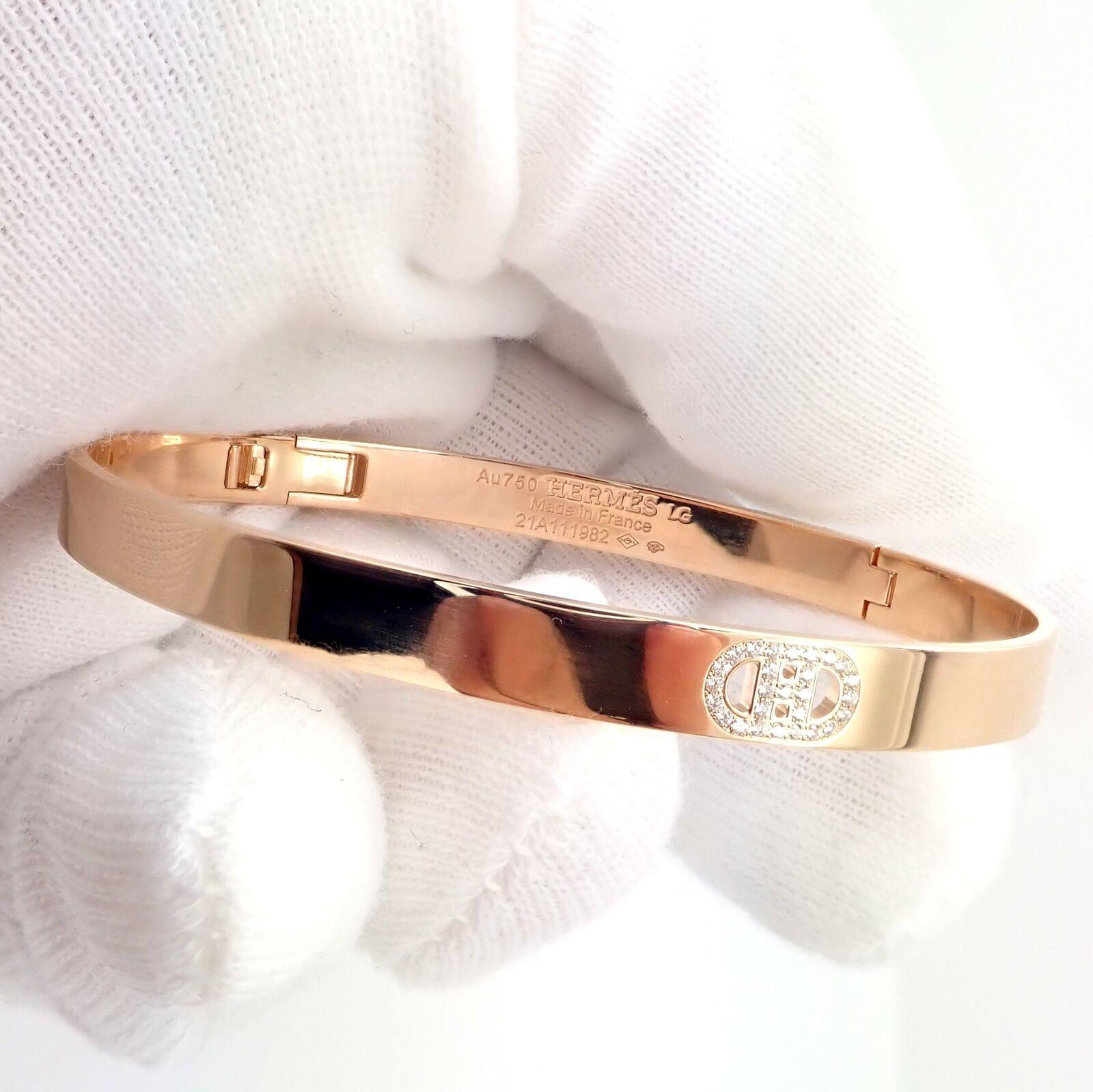 Hermes Diamond H D'ancre Rose Gold Bangle Bracelet In Excellent Condition In Holland, PA