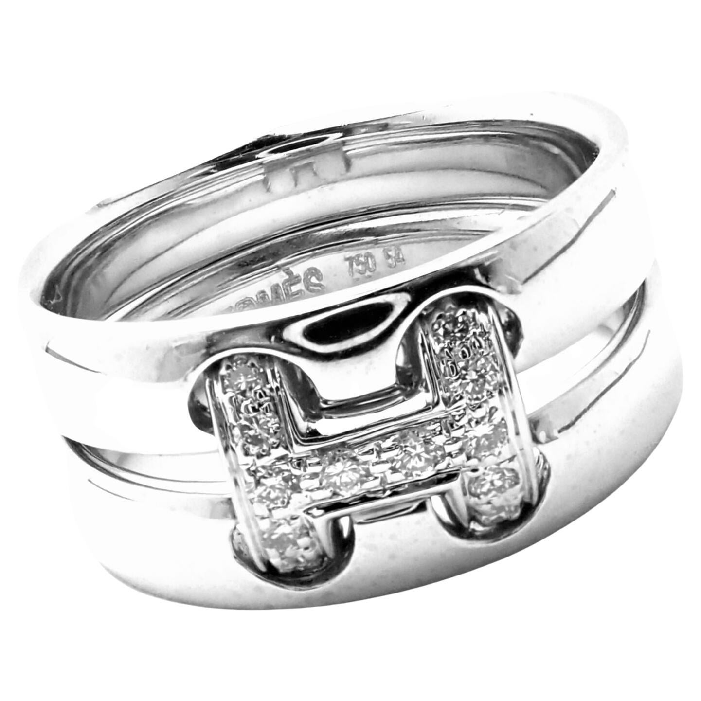 Hermes Diamond H Double Band Flex White Gold Ring For Sale