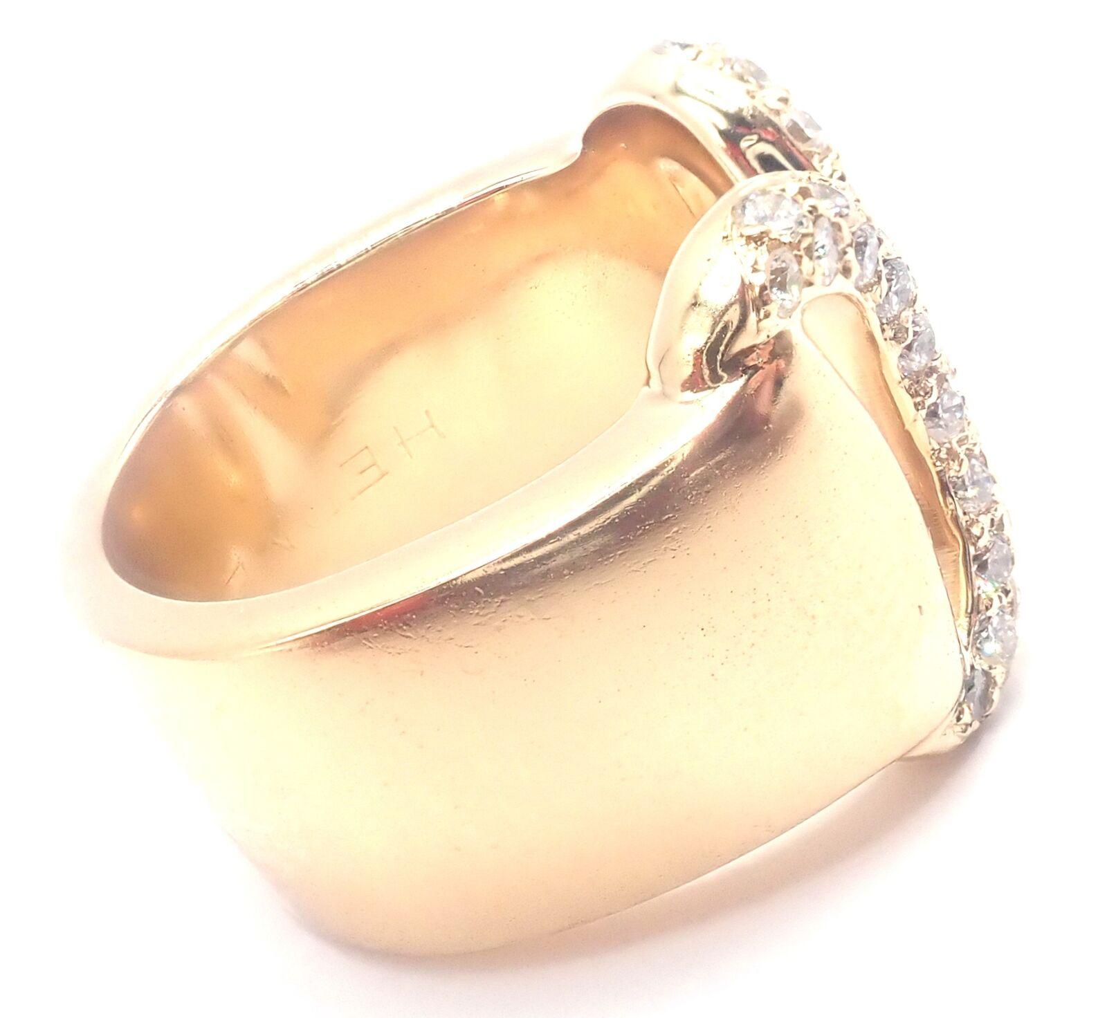 18k Yellow Gold Diamond Horse bit Wide Band Ring by Hermes. 
With 36 Brilliant Cut Diamonds VS1 clarity, G color total weight approximately .90ct
Details: 
Ring Size: 5
Weight: 21.3 grams
Width: 15.5mm
Stamped Hallmarks: HERMES 750 23765 French