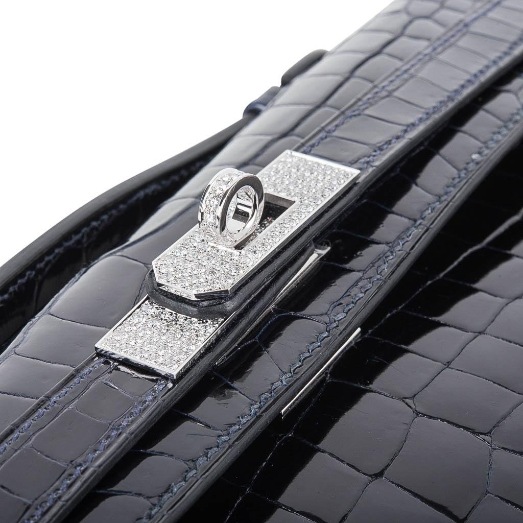 Women's Hermes Diamond Kelly Cut Blue Marine Crocodile Clutch Bag Exquisite 