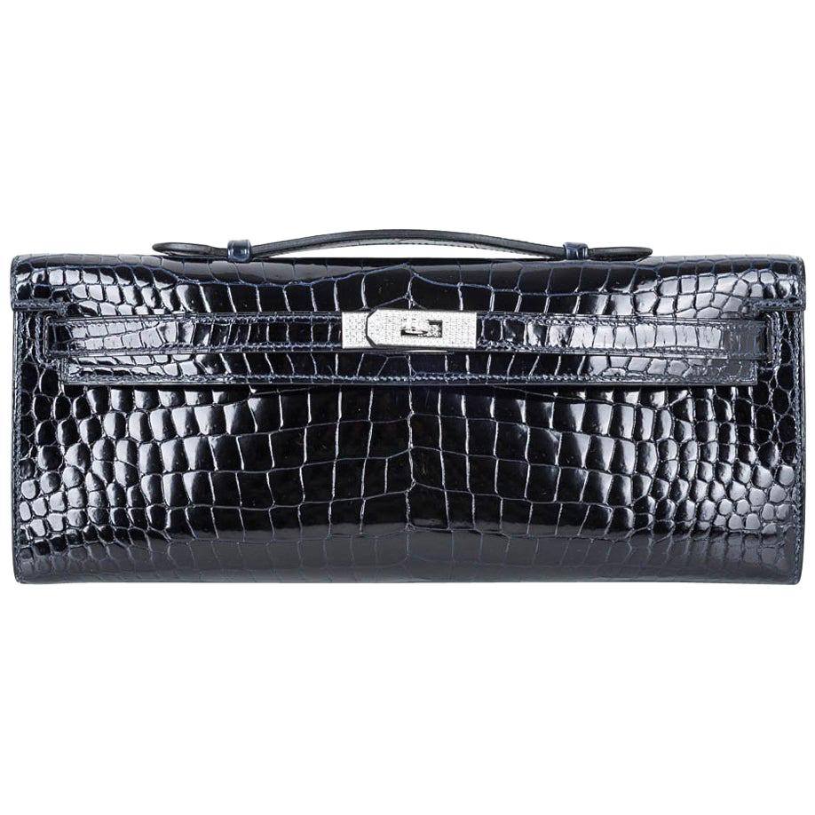 Hermes Diamond Kelly Cut Blue Marine Crocodile Clutch Bag Exquisite 