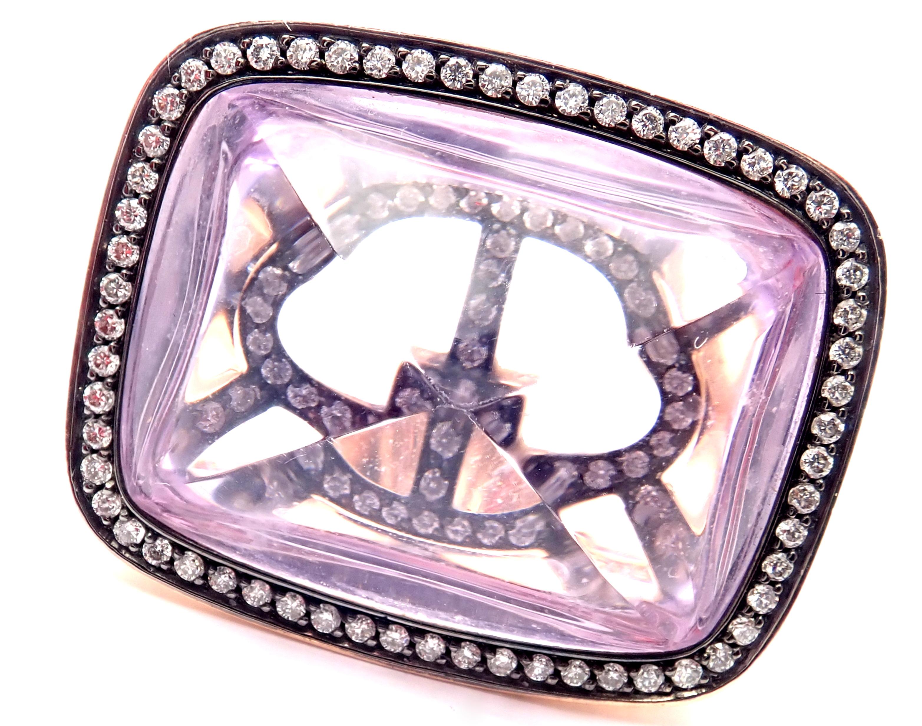 18k Rose Gold Diamond Large Amethyst Ring by Hermes.
With 130 round brilliant cut diamonds VS1 clarity G color total weight 1.30ct
1 large amethyst 17mm x 23mm
Details:
Ring Size: European 51 US 6
Weight: 13.5 grams
Width: 21 mm
Stamped Hallmarks: