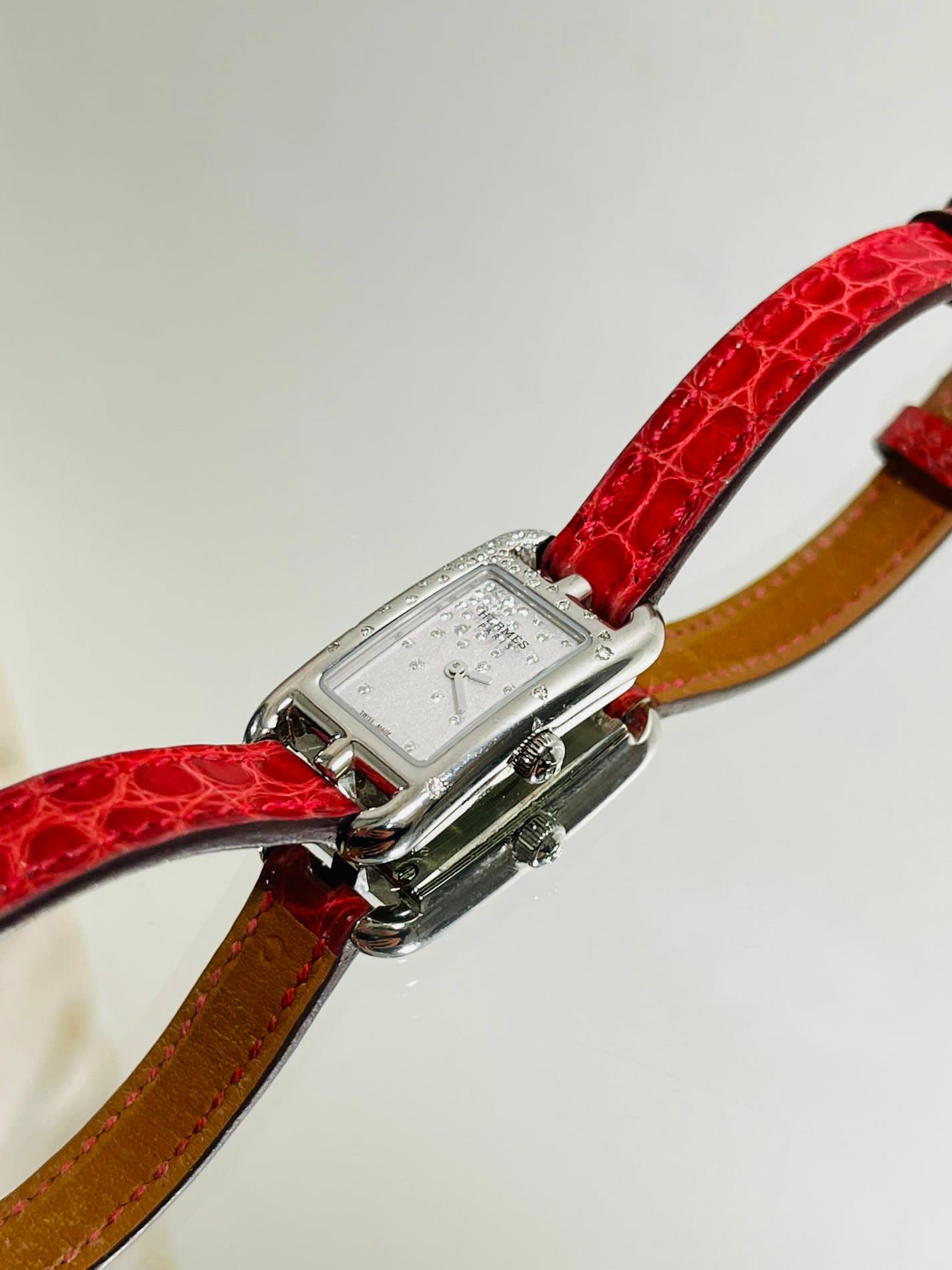 Taille brillant Montre Hermes Diamond Nantucket avec bracelet en alligator en vente