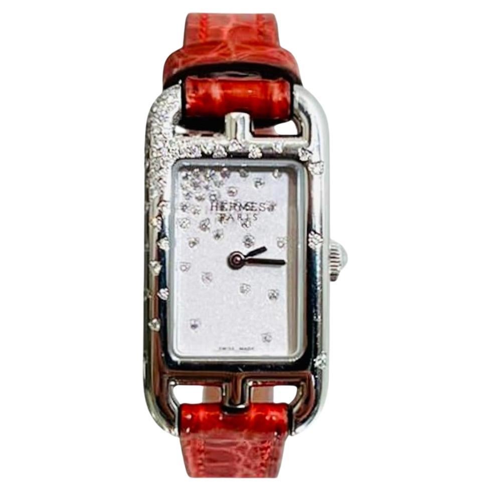 Hermes Diamond Nantucket Watch With Alligator Strap For Sale