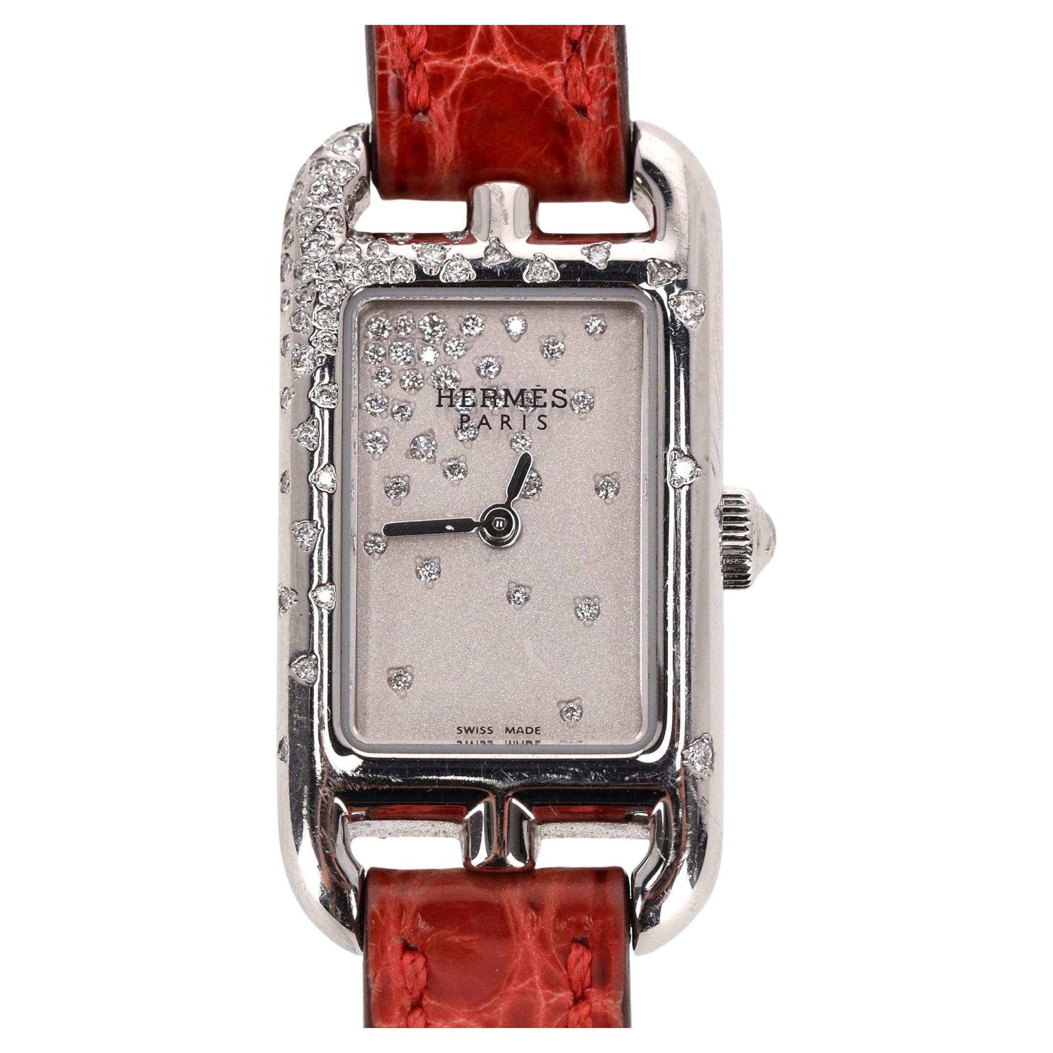 Hermes Diamond Nantucket Watch With Alligator Strap