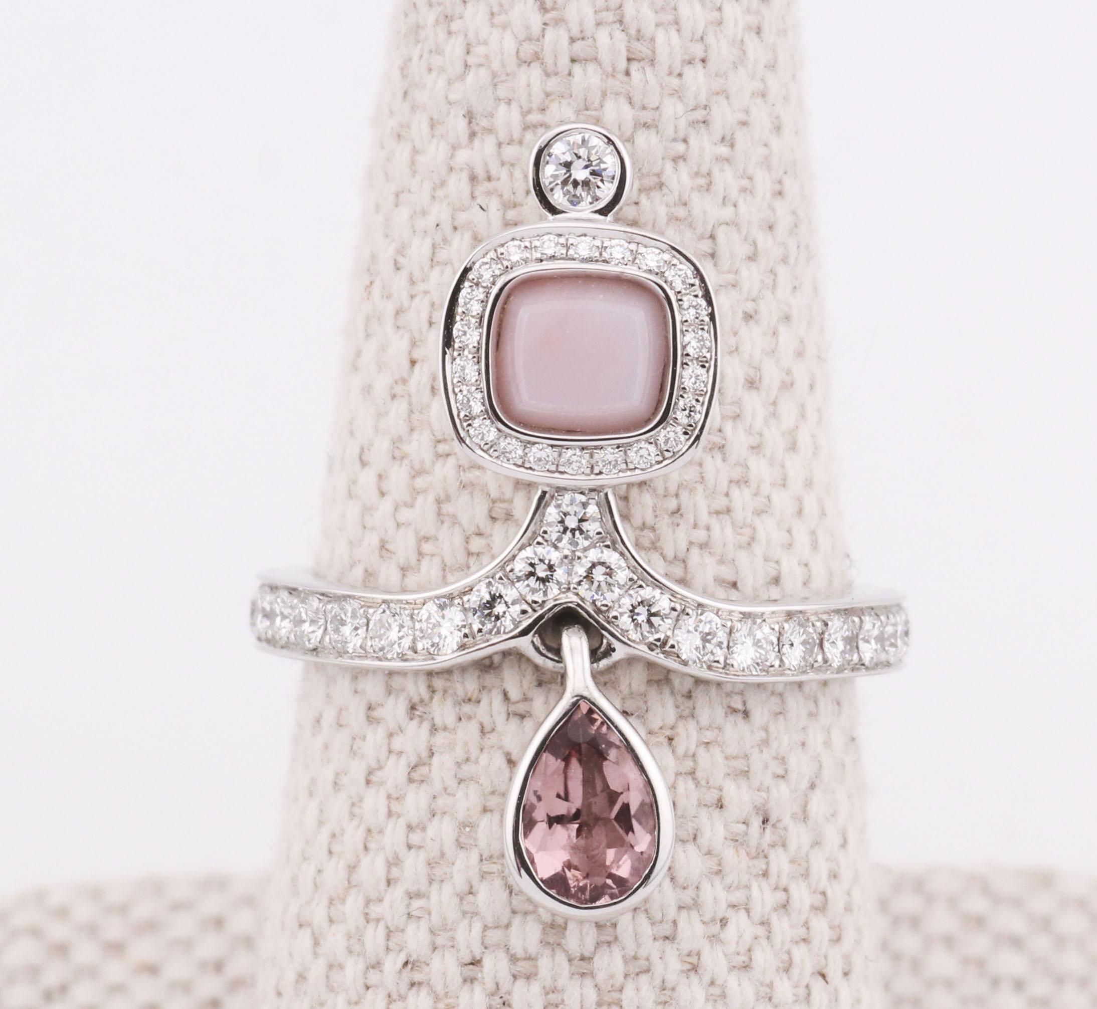 Taglio brillante Hermes Diamond Pink Opal Tourmaline 18k White Gold Ring Size 5.5 in vendita