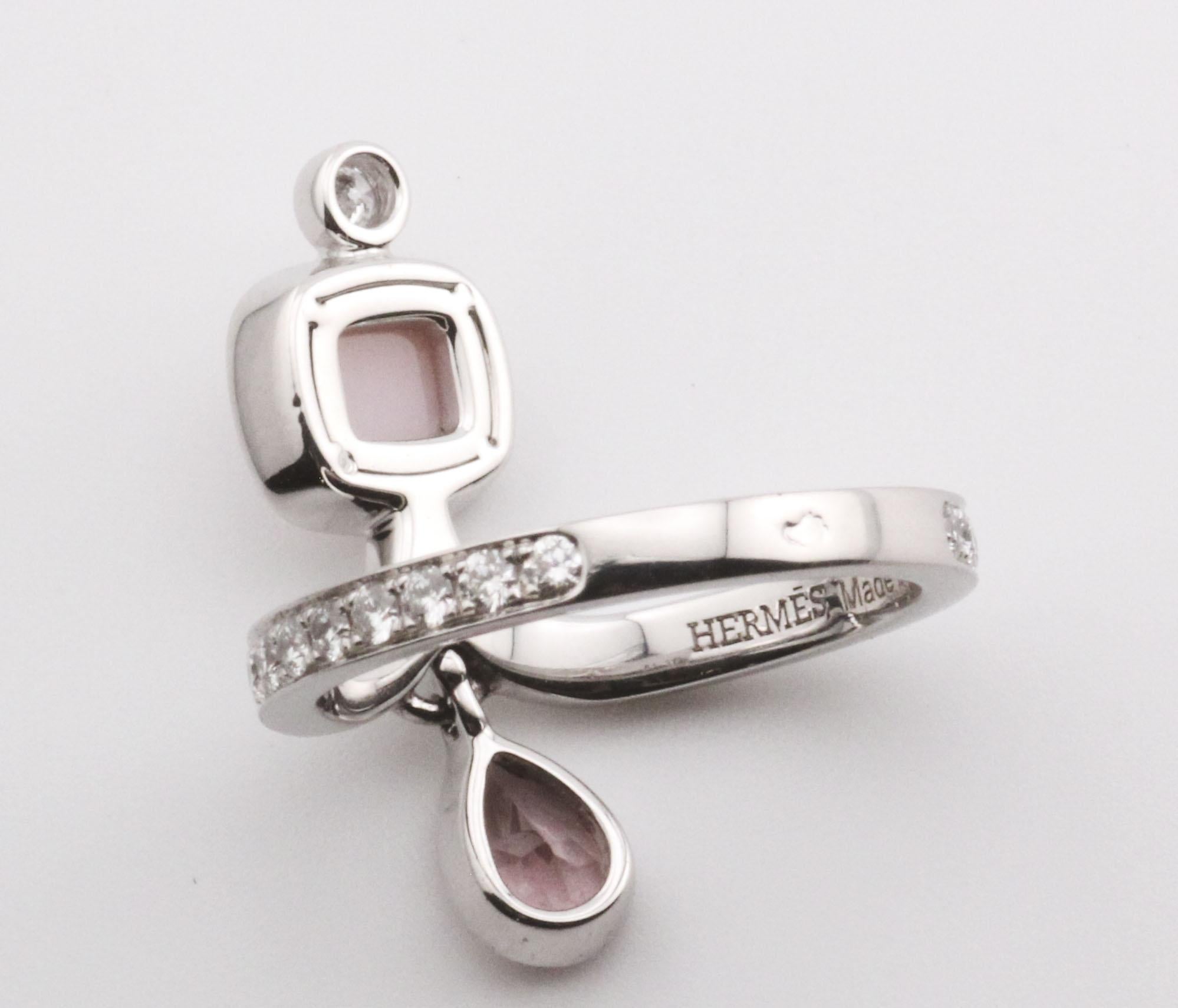 Hermes Diamond Pink Opal Tourmaline 18k White Gold Ring Size 5.5 in vendita 1
