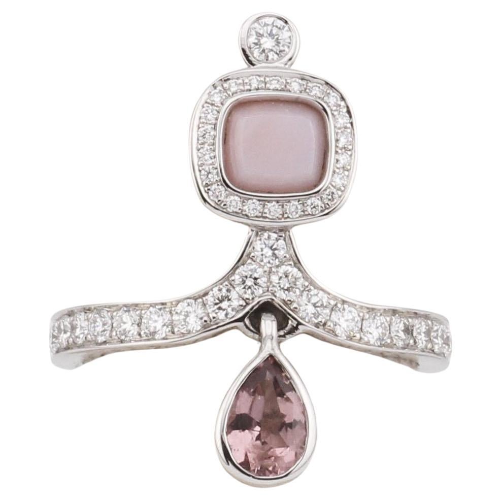Hermes Diamond Pink Opal Tourmaline 18k White Gold Ring Size 5.5