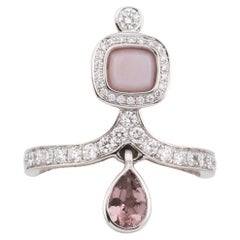 Hermes Diamond Pink Opal Tourmaline 18k White Gold Ring Size 5.5
