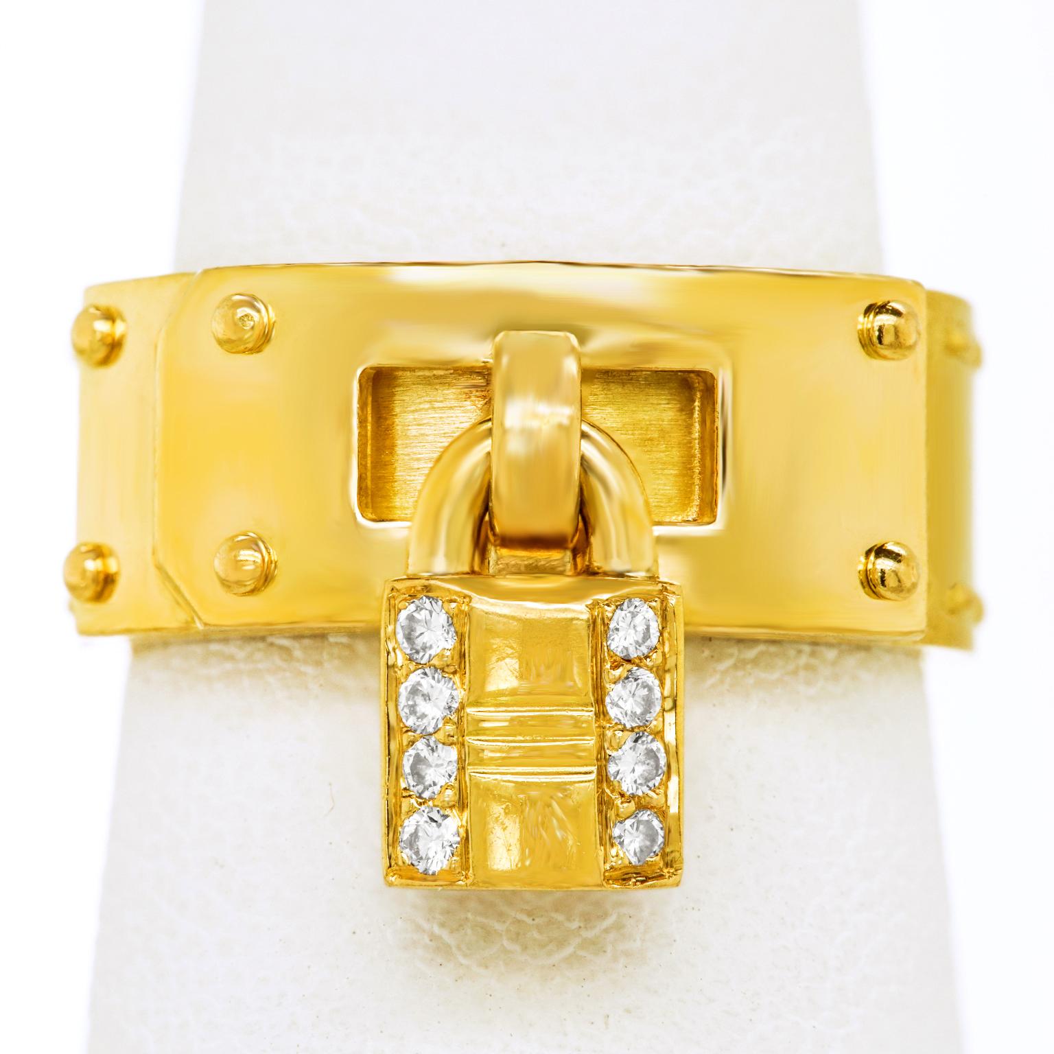 Hermes Diamond-Set Gold Lock Ring In Excellent Condition In Litchfield, CT