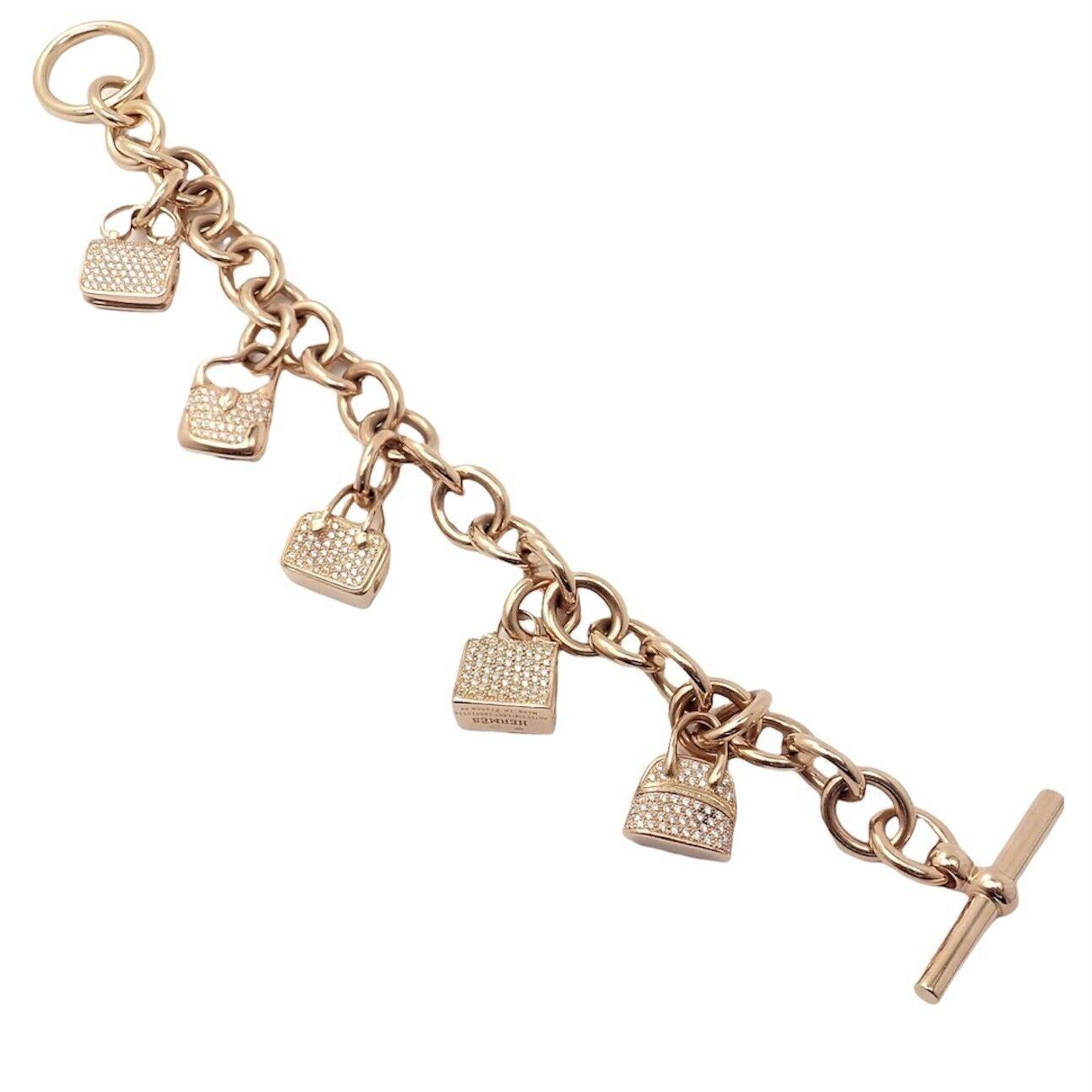 Hermes Diamond Signature Iconic Bag Charms Rose Gold Link Bracelet For Sale 6