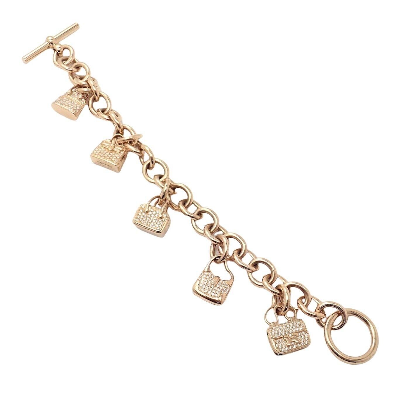 Brilliant Cut Hermes Diamond Signature Iconic Bag Charms Rose Gold Link Bracelet For Sale