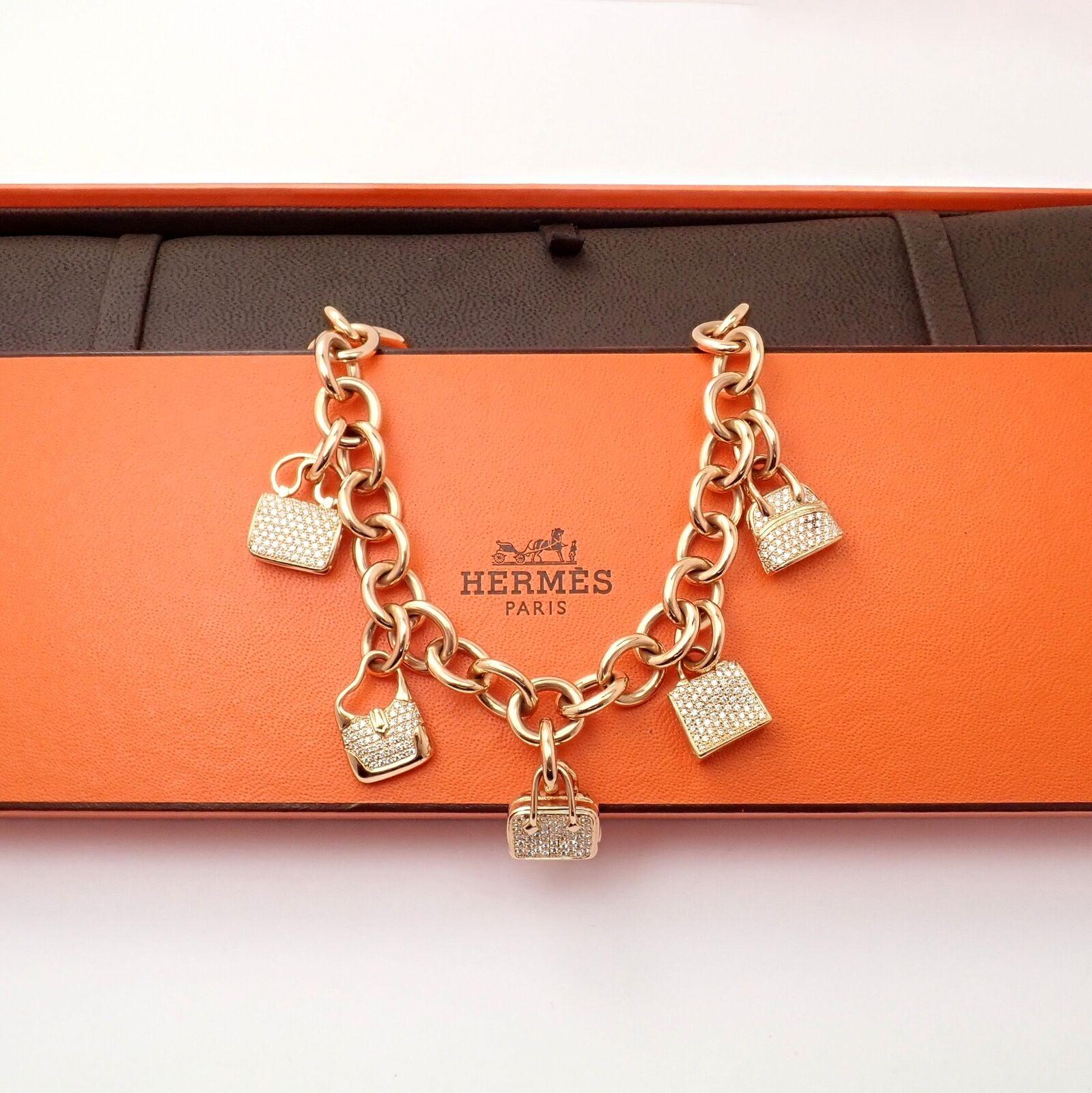 Women's or Men's Hermes Diamond Signature Iconic Bag Charms Rose Gold Link Bracelet For Sale