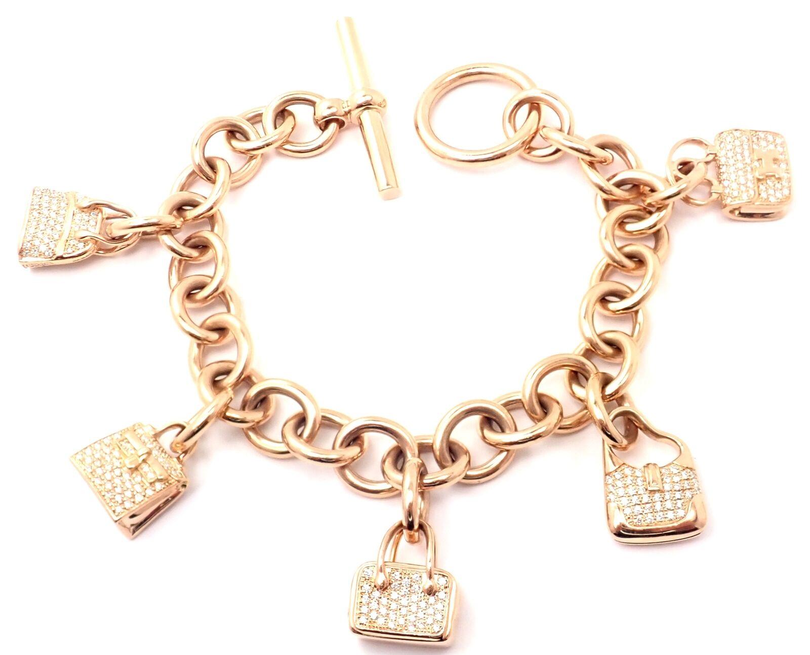 Hermes Diamond Signature Iconic Bag Charms Rose Gold Link Bracelet In Excellent Condition In Holland, PA