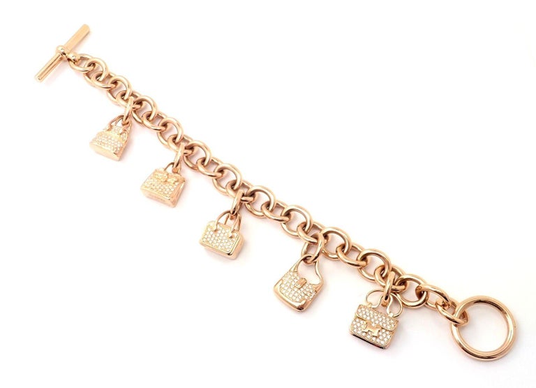 Authentic! Hermes 18K Rose Gold Diamond Signature Iconic Bag Charm Link Bracelet