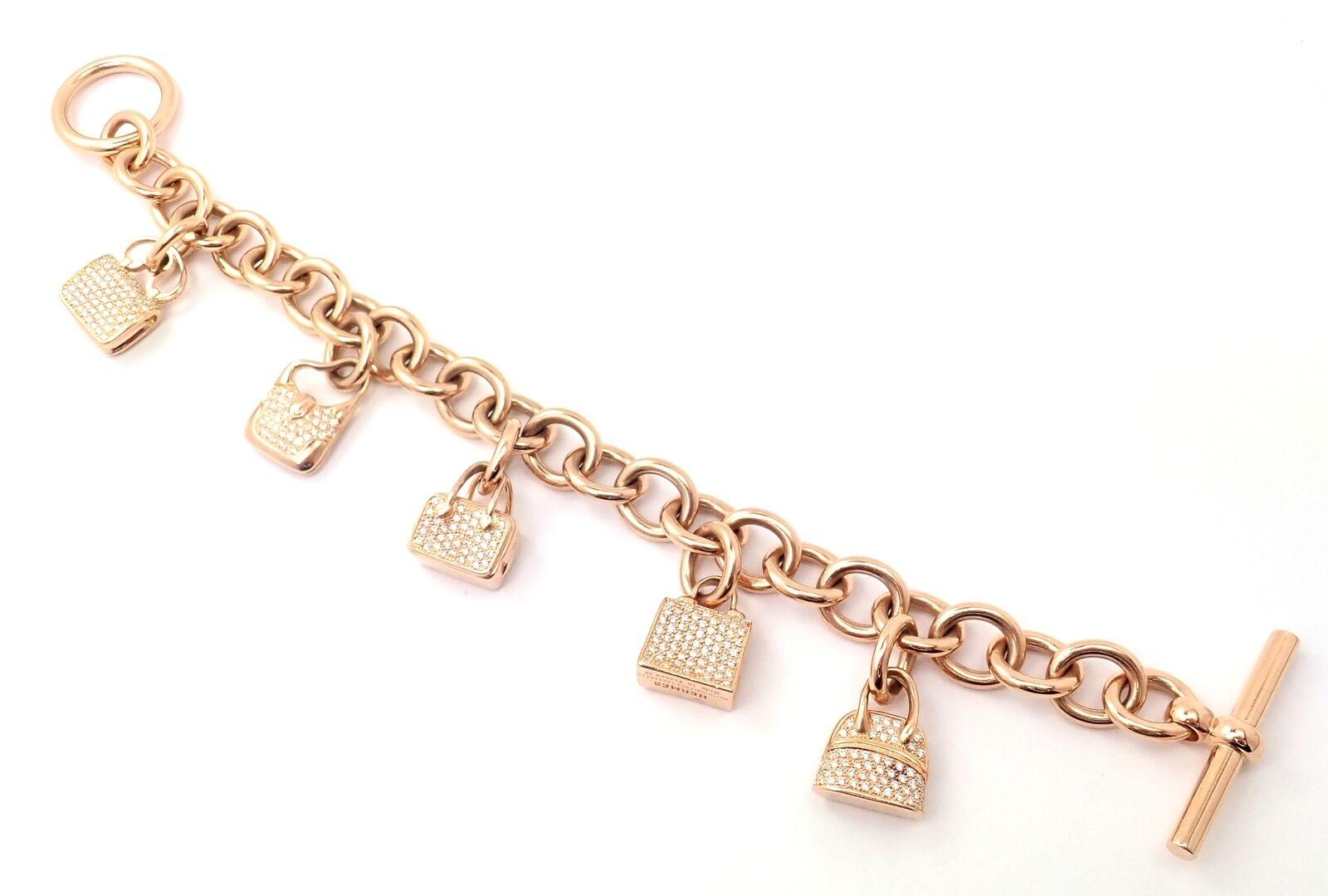 Hermes Diamond Signature Iconic Bag Charms Rose Gold Link Bracelet 1