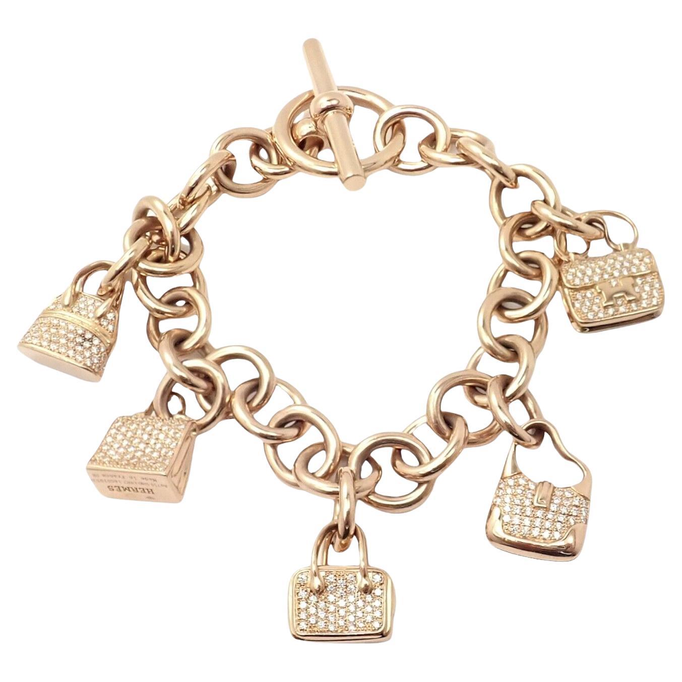 Gliederarmband aus Roségold mit Diamanten in Ikonischer Tasche und Charms von Hermes im Angebot