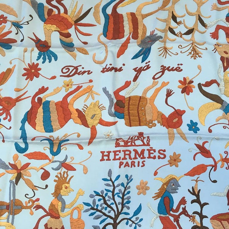 HERMES 'Din Tini Ya Zue' Scarf in Blue Silk For Sale at 1stDibs
